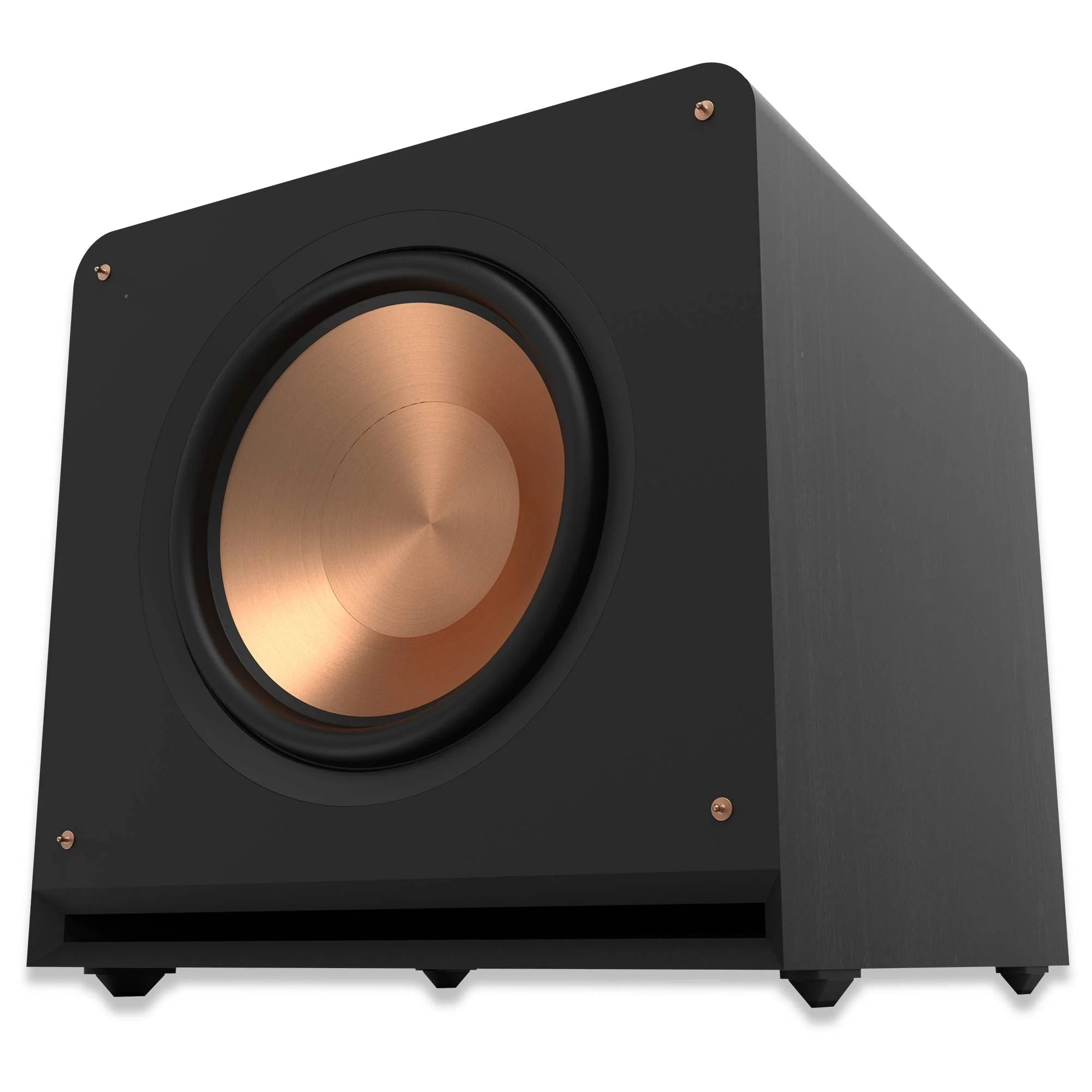 Subwoofer Klipsch RP-1000SW negru, vedere frontală laterală, difuzor cu con de cupru expus, port jos.