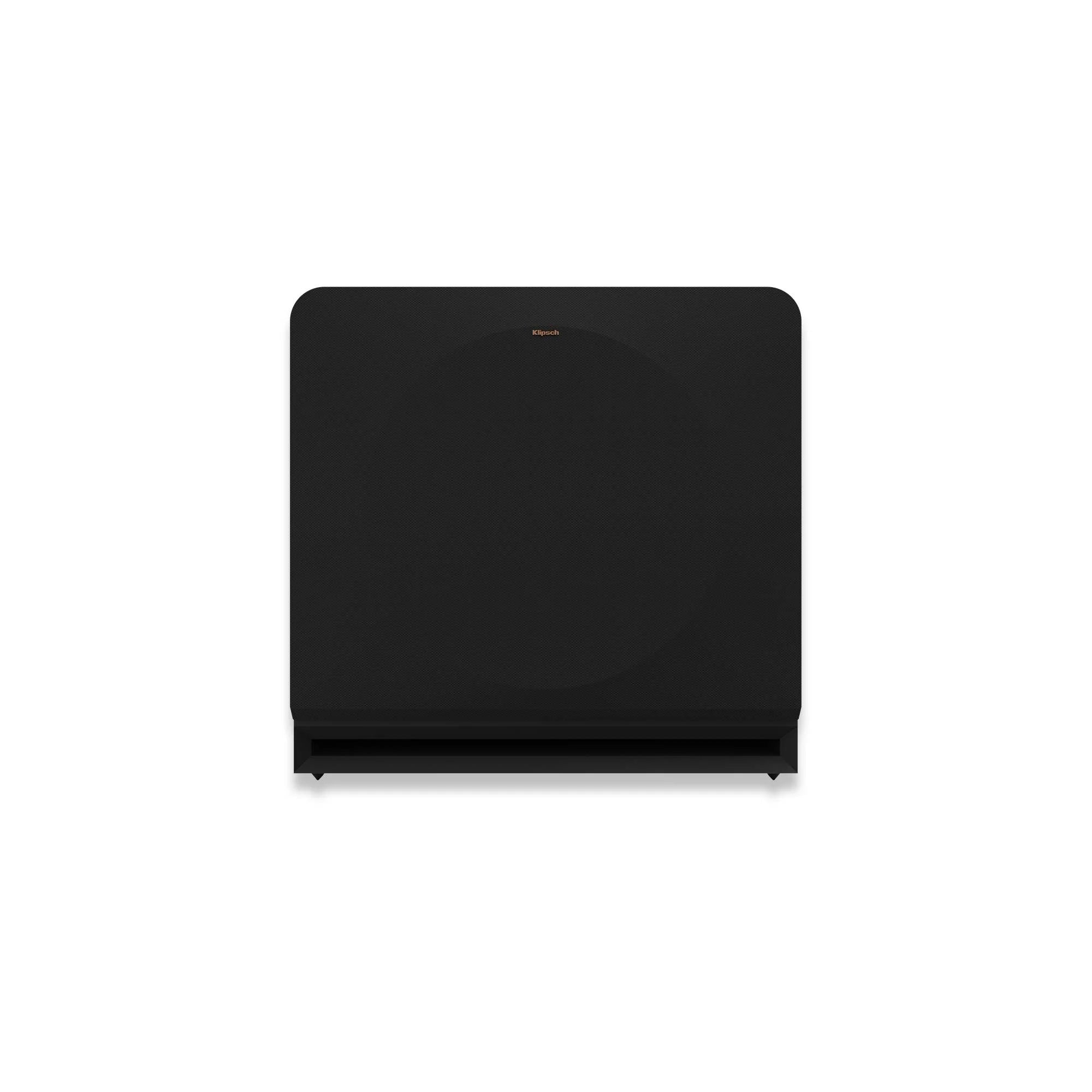 Subwoofer Klipsch RP-1000SW negru, vedere frontală cu grilaj textil montat și port de bass reflex jos.