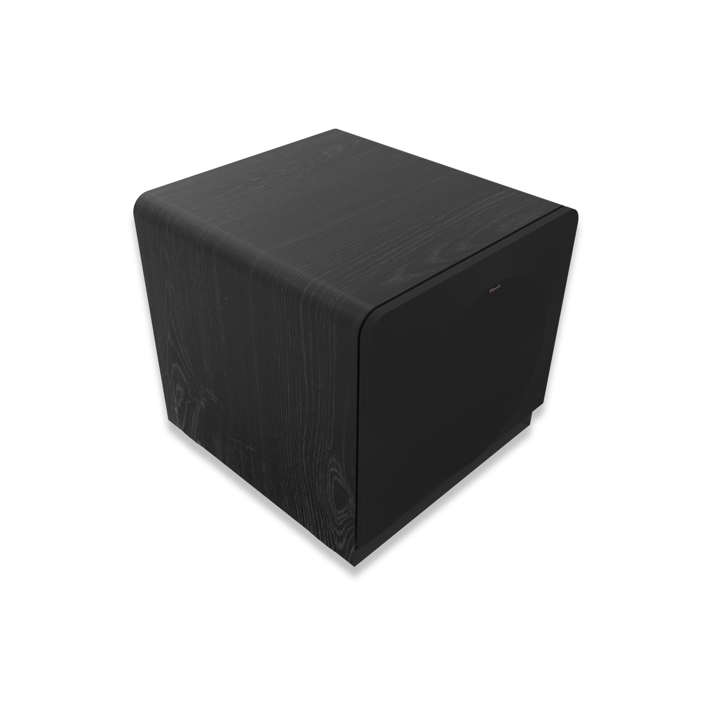Subwoofer Klipsch RP-1600SW negru, vedere din unghi frontal-stânga, grilaj frontal și finisaj lemn vizibil.