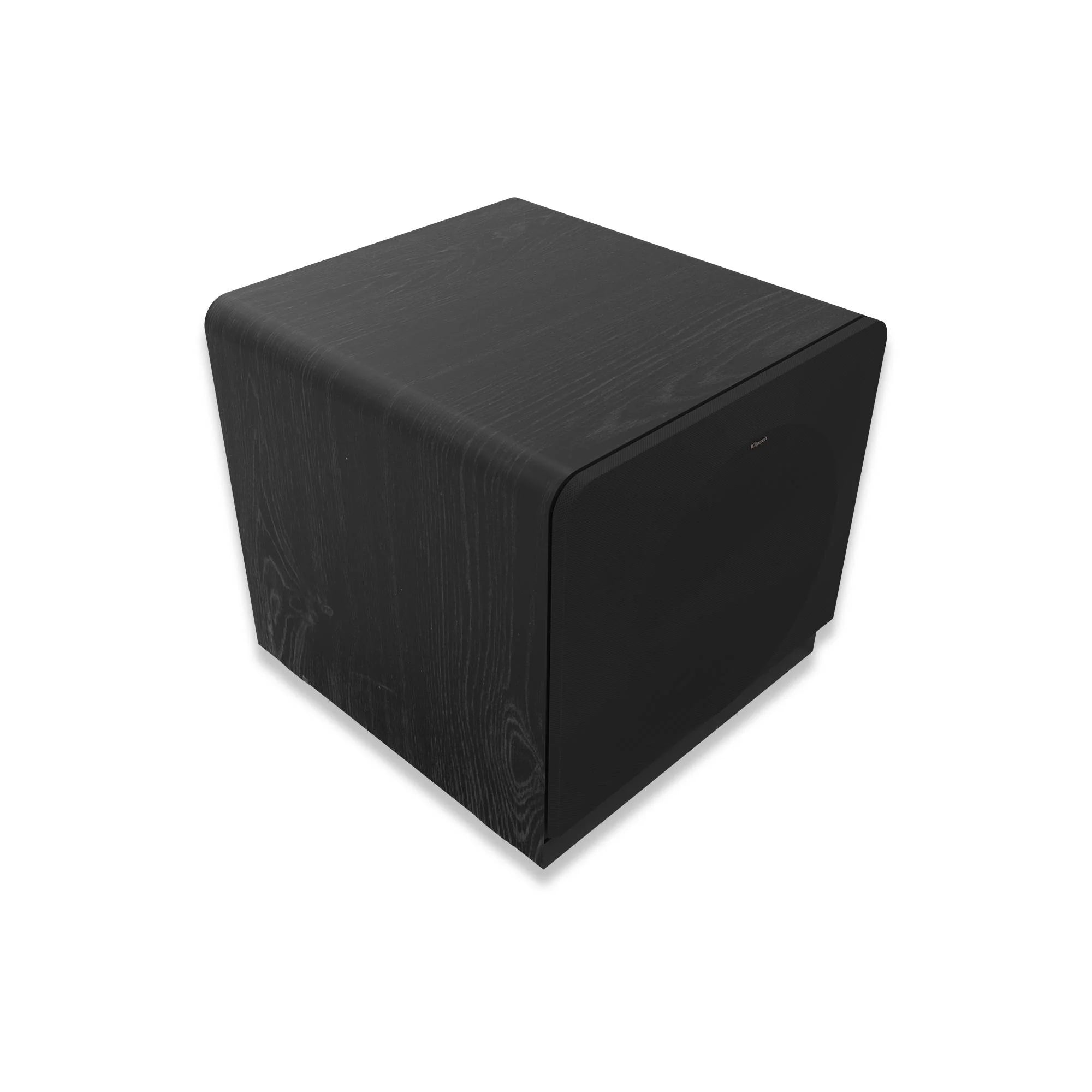 Subwoofer Klipsch RP-1000SW negru, vedere din unghi superior stânga, cu grilaj frontal vizibil.