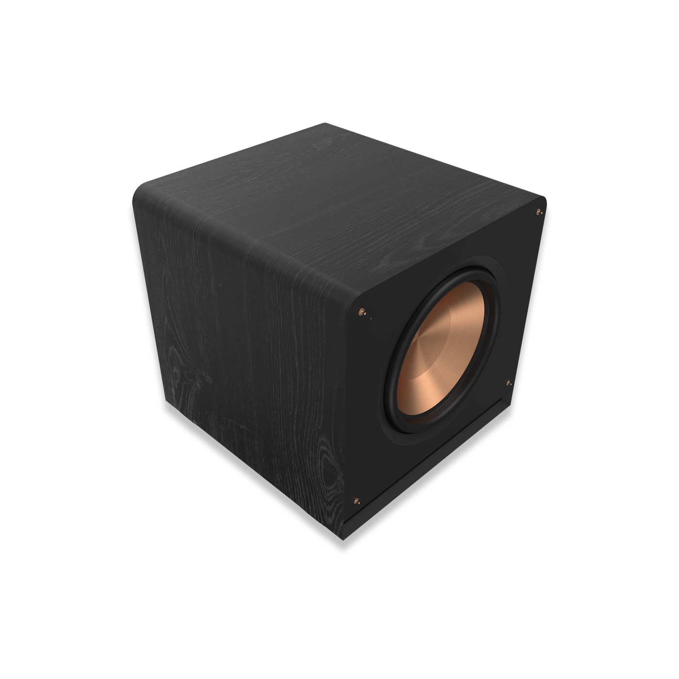 Subwoofer Klipsch RP-1600SW negru, vedere din unghi frontal-stânga, cu difuzor de 16" cupru expus.