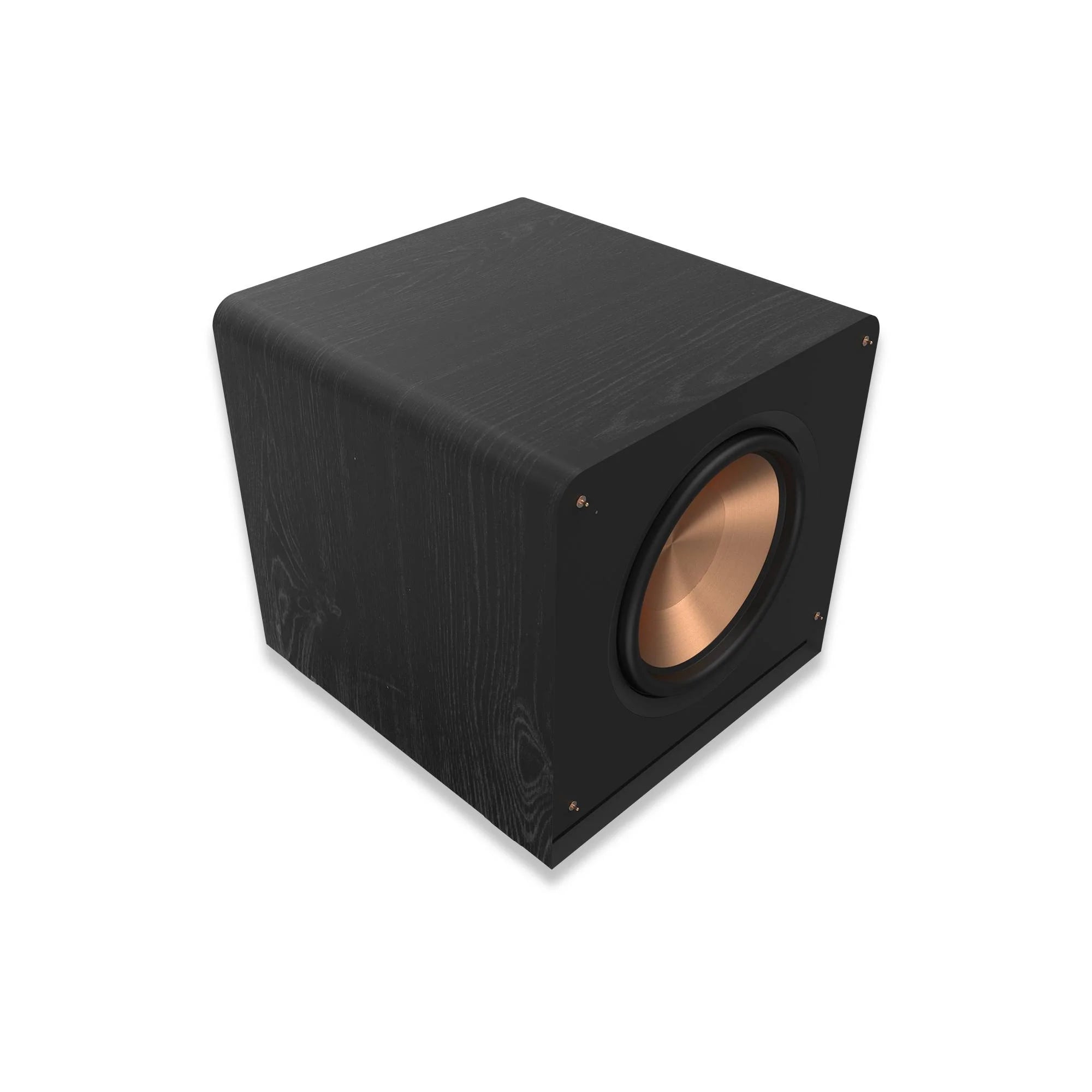 Subwoofer Klipsch RP-1000SW negru, vedere din unghi frontal-stânga, cu difuzor cupru de 10 inch vizibil.