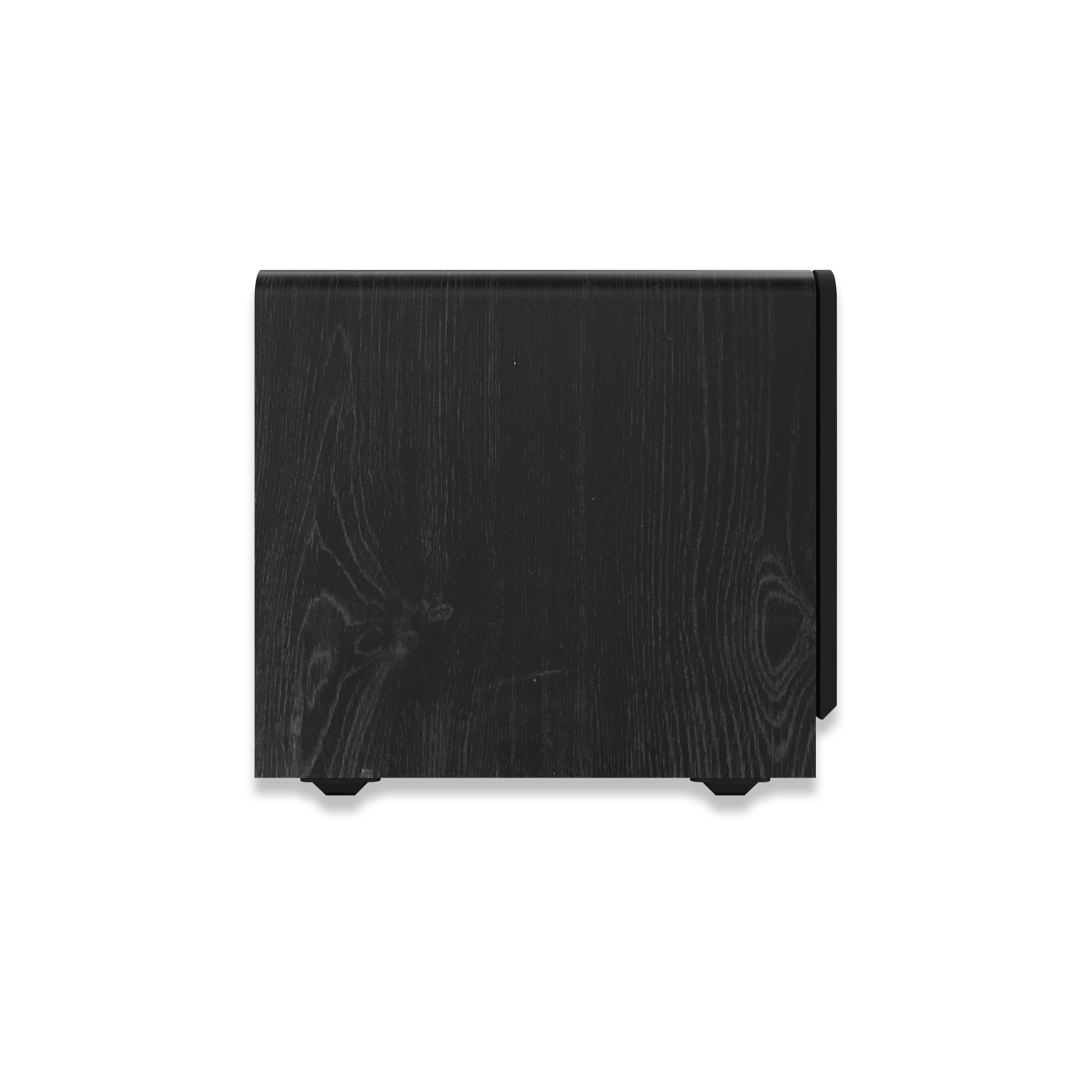 Vedere laterală a subwooferului Klipsch RP-1600SW, finisaj negru cu textură de lemn vizibilă.