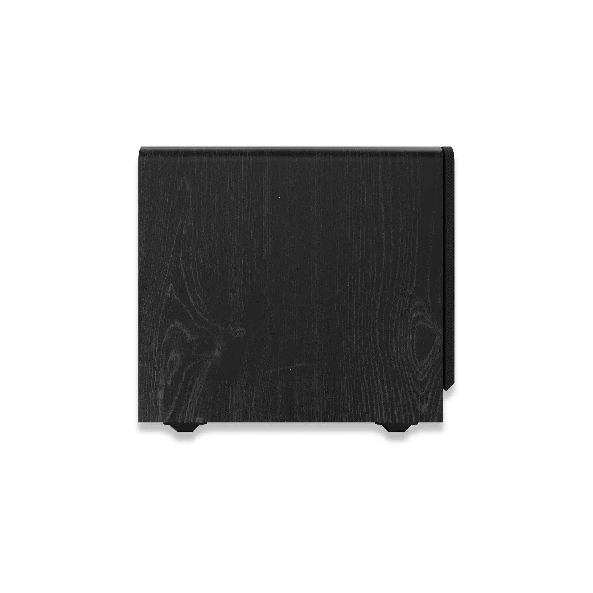 Subwoofer Klipsch RP-1000SW vedere laterală, finisaj negru cu textură lemn, bază cu patru picioare.