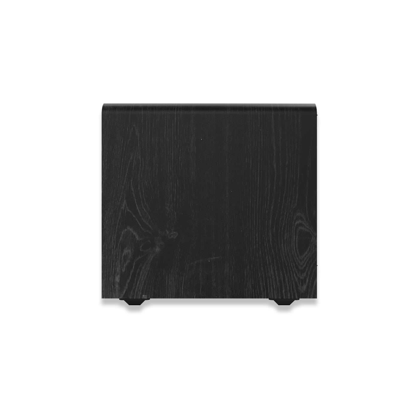Vedere laterală a subwooferului Klipsch RP-1600SW, finisaj negru cu textură de lemn vizibilă.