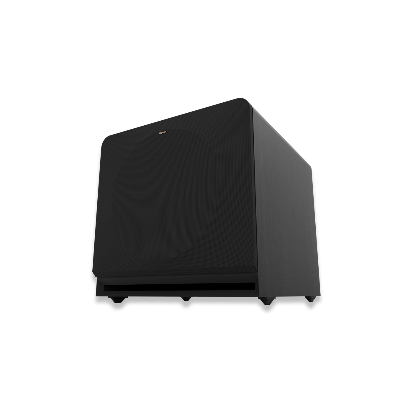 Subwoofer Klipsch RP-1600SW negru, vedere frontală din unghi jos, cu grilaj frontal și port bass reflex.