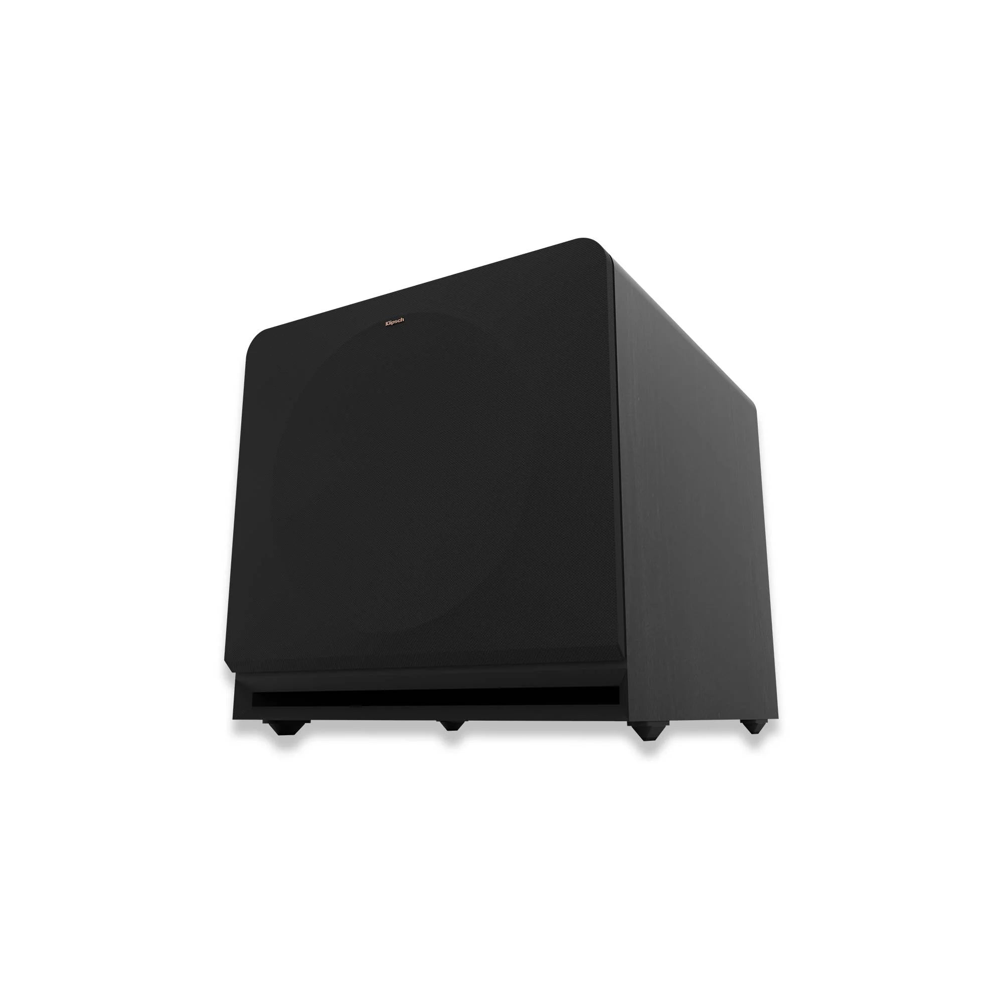 Subwoofer Klipsch RP-1000SW negru, vedere frontală laterală, grilaj frontal și port bass reflex vizibile.