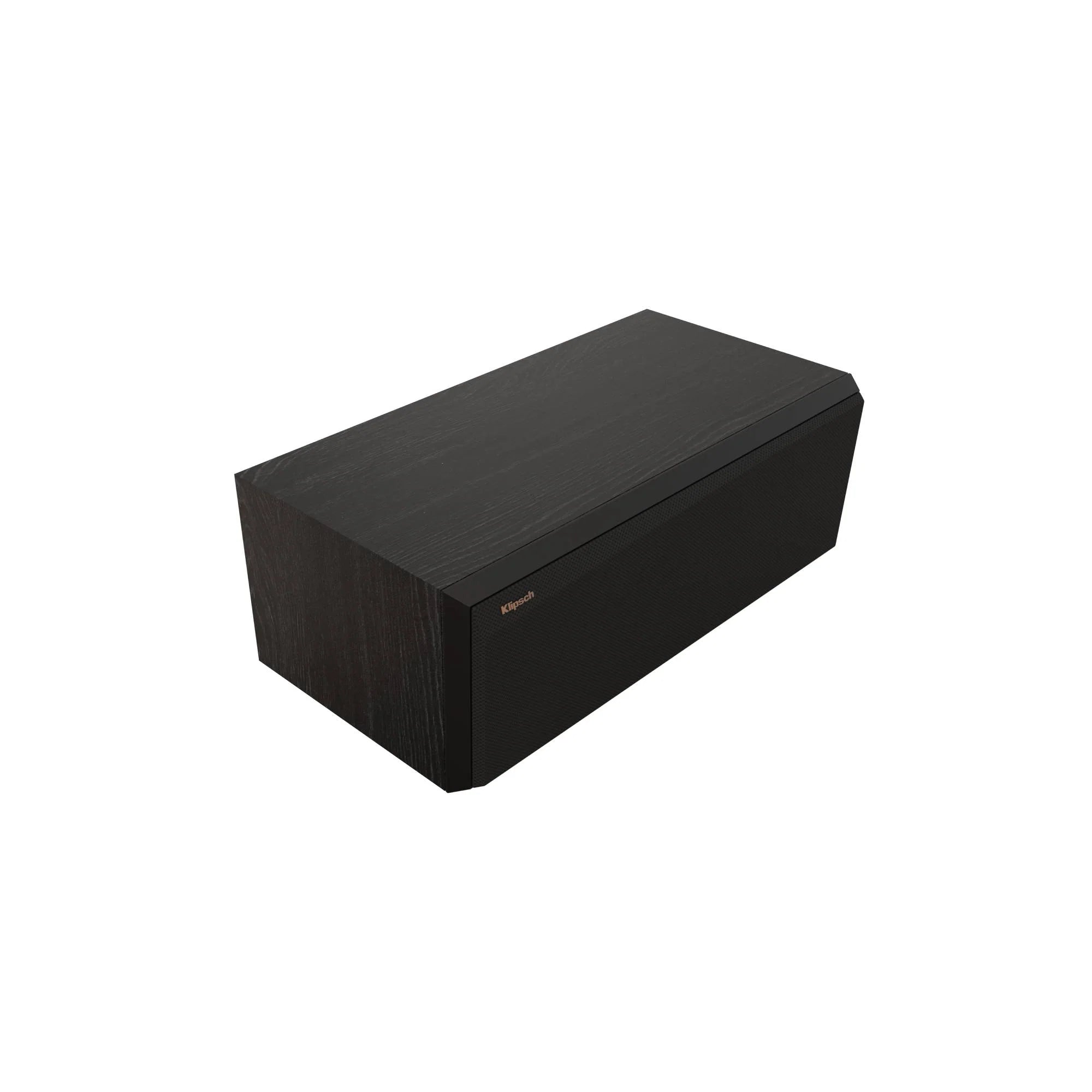 Boxă centrală Klipsch RP-500C II neagră, vedere unghi frontal-stânga, grilă montată, finisaj lemn.