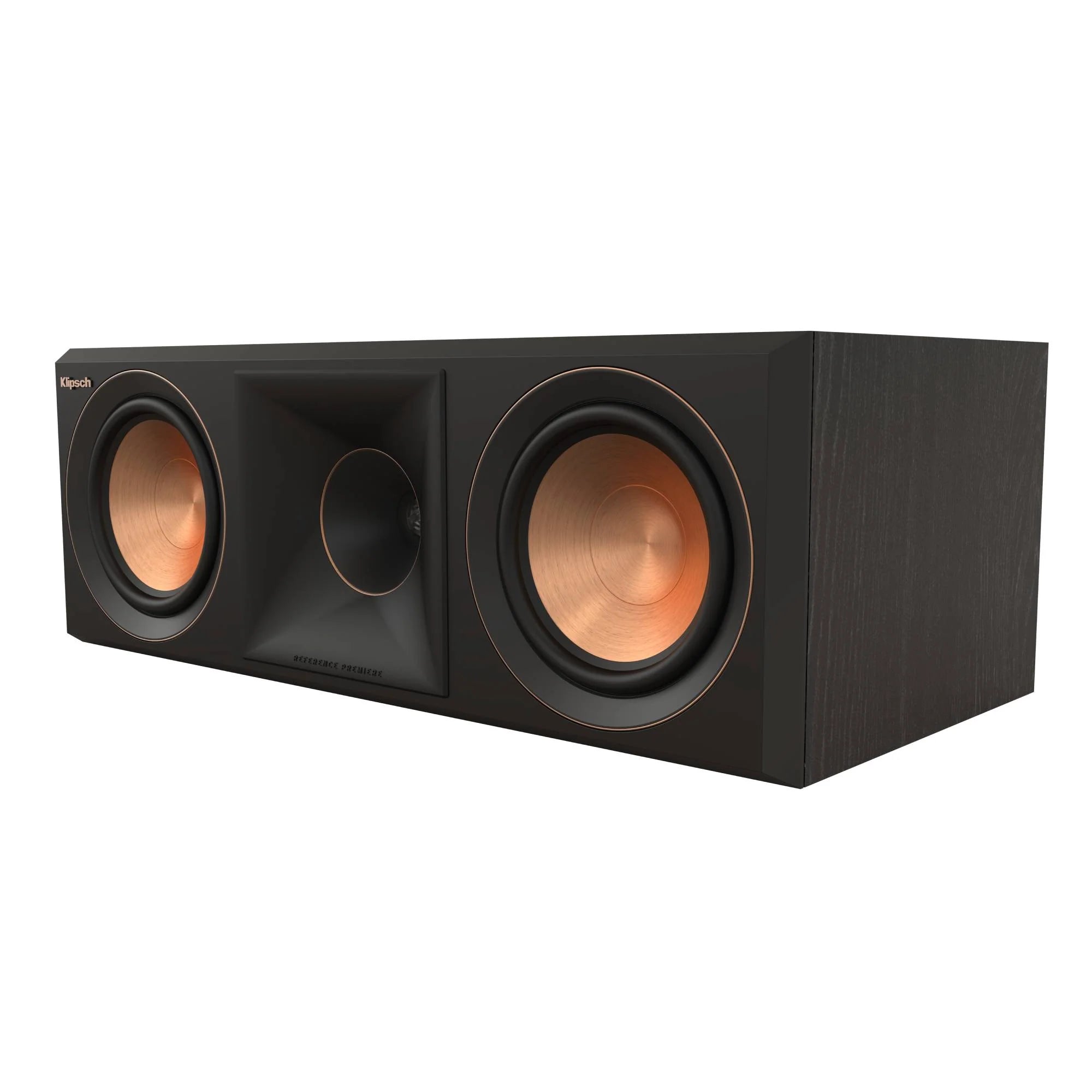 Boxa centru Klipsch RP-500C II neagră, vedere laterală-dreapta, cu două woofere cu con de cupru.#color_black-ebony