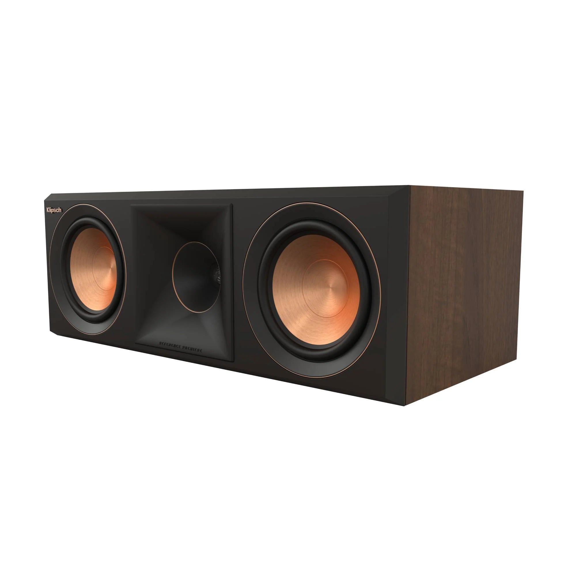 Boxa centru Klipsch RP-500C II culoare nuc, vedere lateral-față, cu doi woofere cu con de cupru.