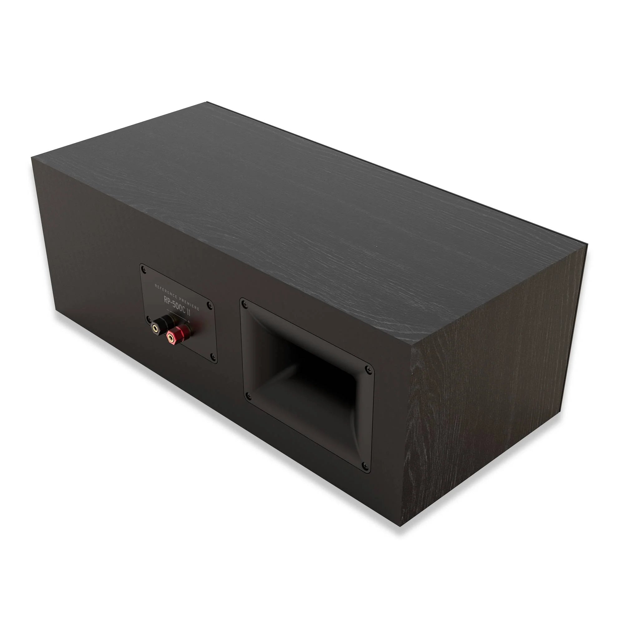 Boxa centru Klipsch RP-500C II culoare ebony, vedere spate cu port bass reflex și conectori audio.