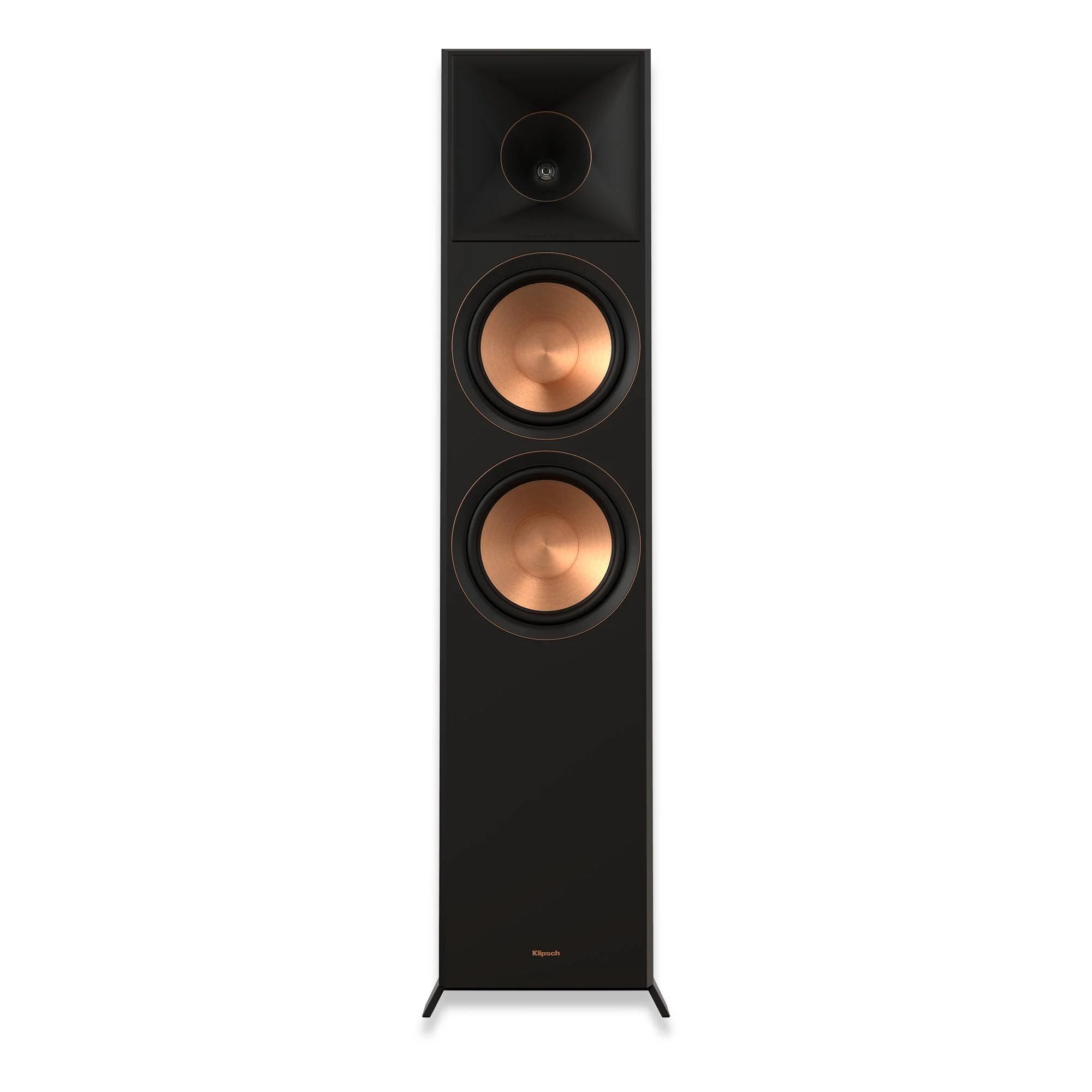 Boxă de podea Klipsch RP-8000F II neagră, vedere frontală cu două woofere de 8" și tweeter Tractrix.