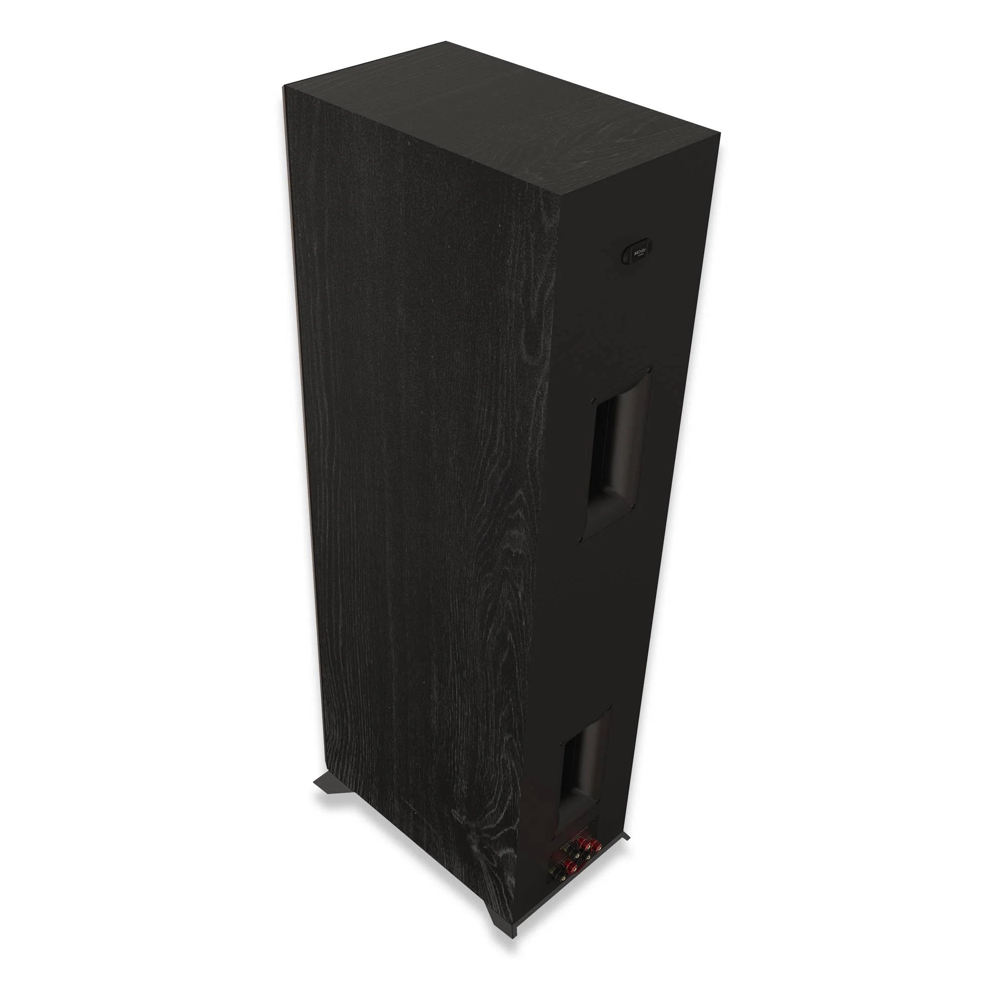 Boxa Klipsch RP-8000F II negru, vedere din spate, cu porturi bass reflex duble și conectori audio.
