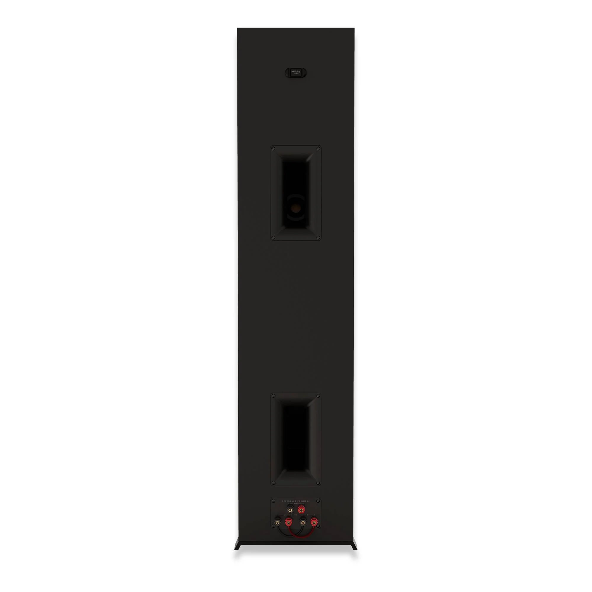 Spate boxă Klipsch RP-8000F II negru, cu porturi bass reflex duble și conectori bi-wire/bi-amp.
