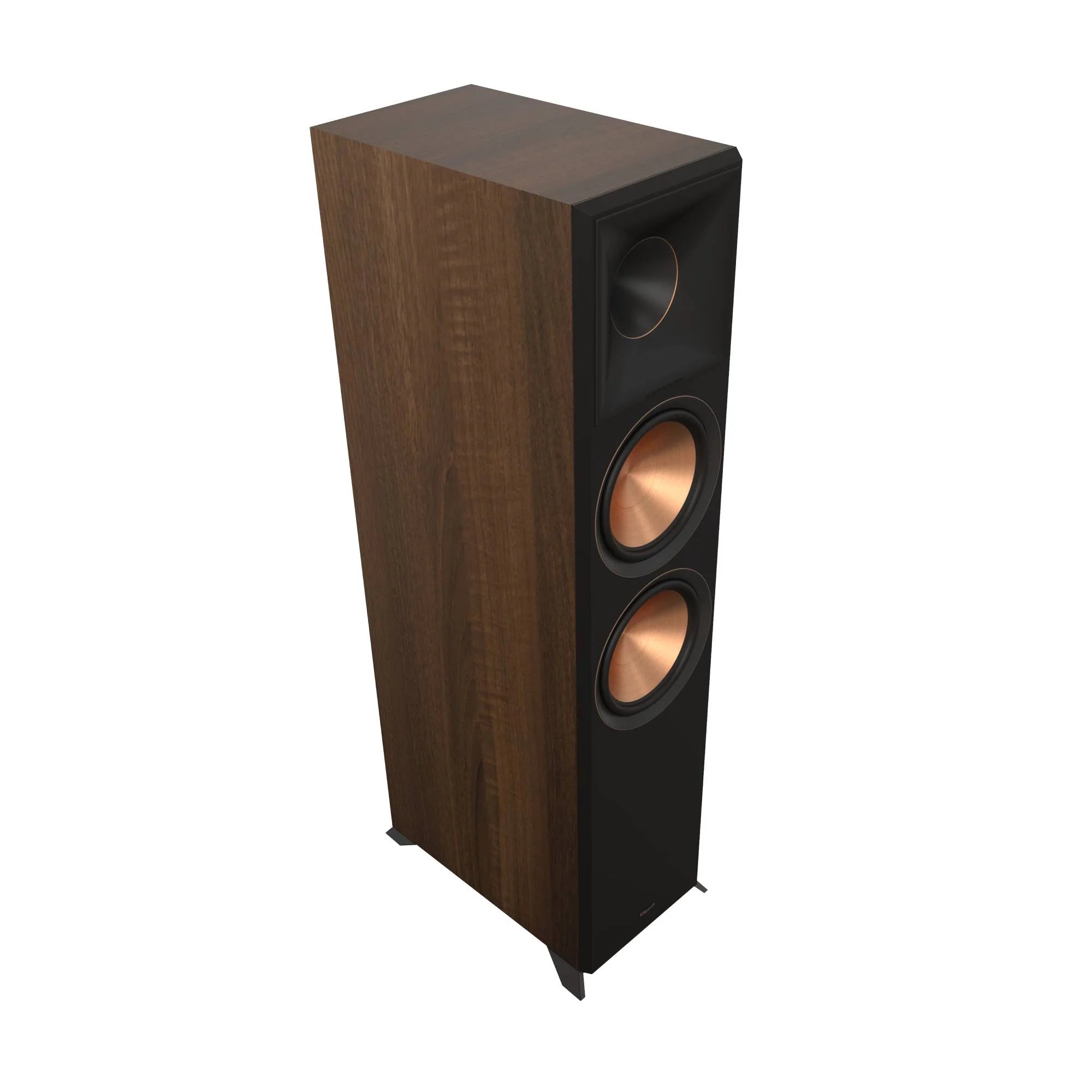 Boxă de podea Klipsch RP-8000F II culoare nuc, vedere unghi lateral, grile detașate, 2 woofere vizibile.