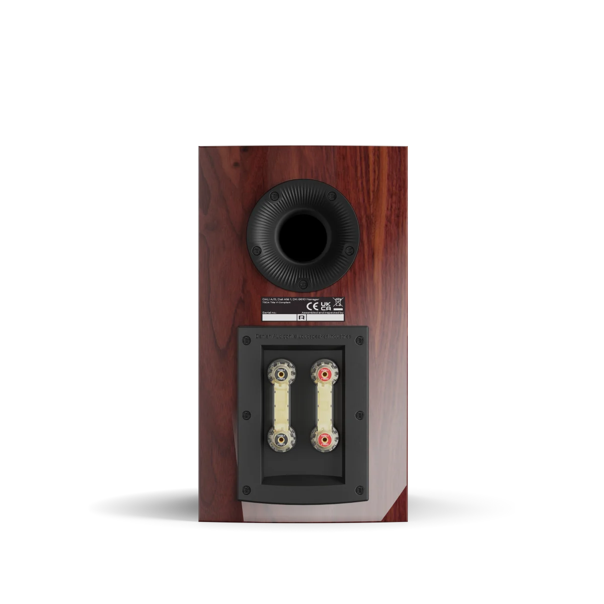Spatele boxei Dali RUBIKORE 2, culoare maroon, cu port bass reflex și conectori bi-wire pentru sunet optimizat.