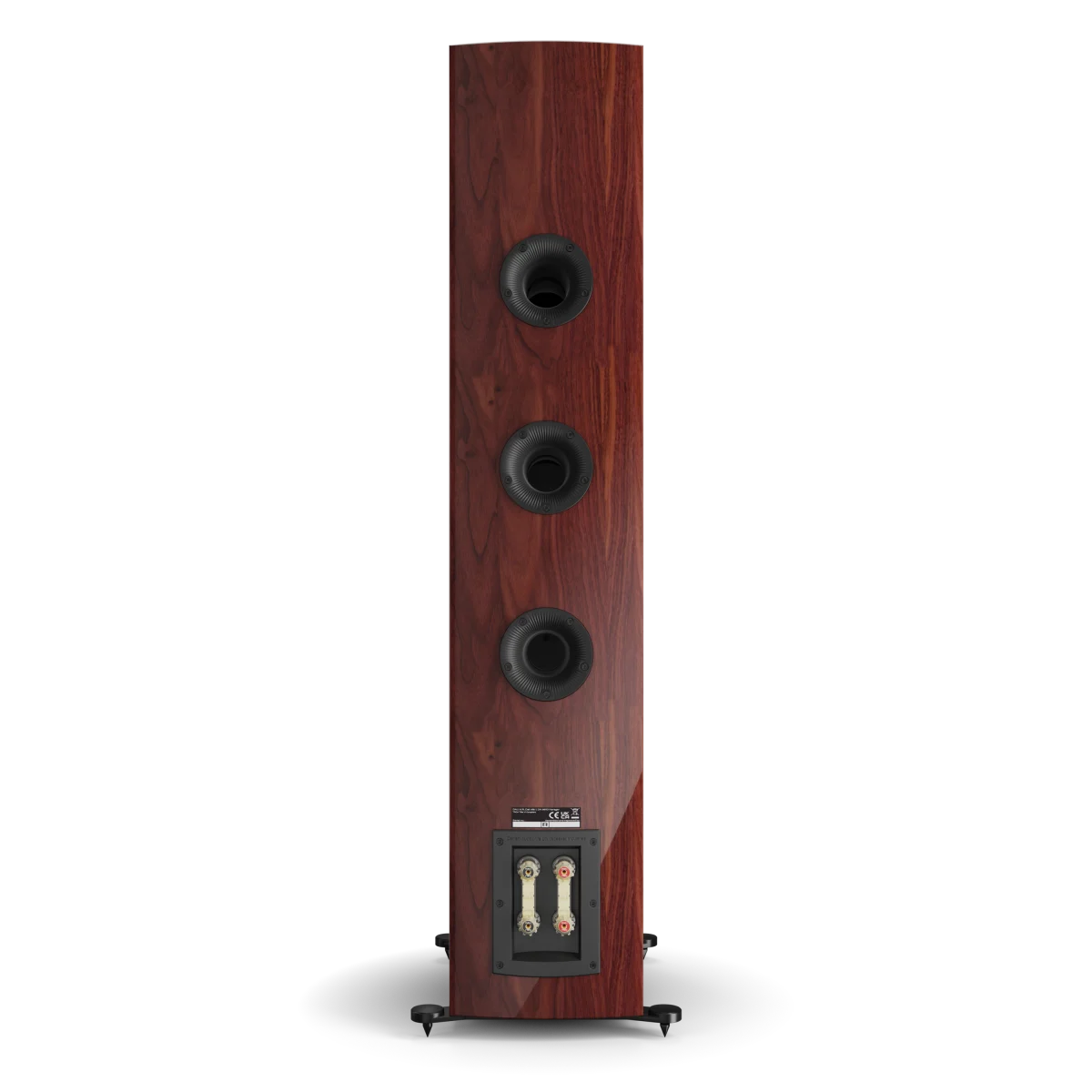Boxa Dali RUBIKORE 8, vedere din spate, culoare maroon, cu trei porturi bass reflex și conectori audio.