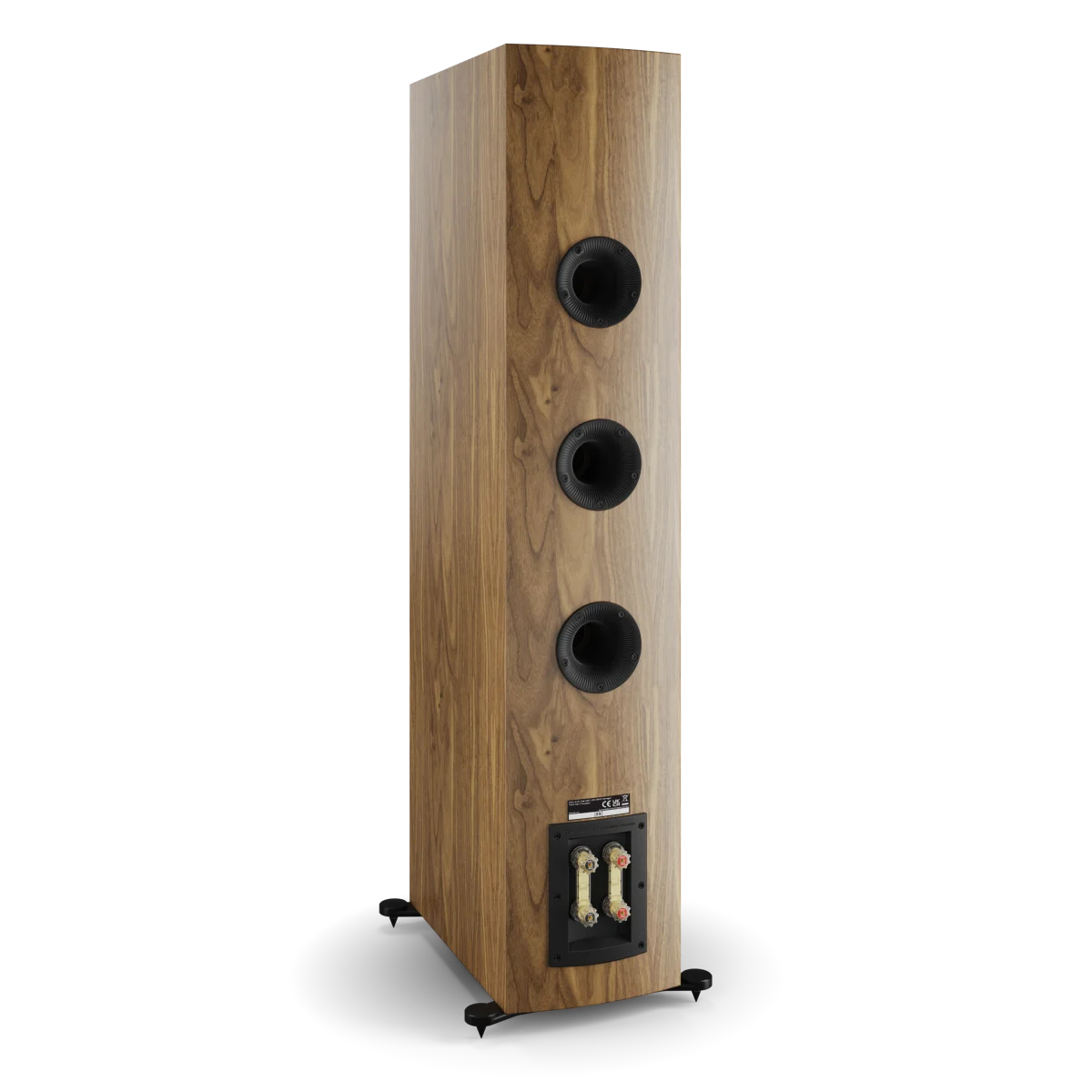 Boxa Dali RUBIKORE 8, vedere din spate, finisaj nuc natural, cu trei porturi bass reflex și conectori audio.
