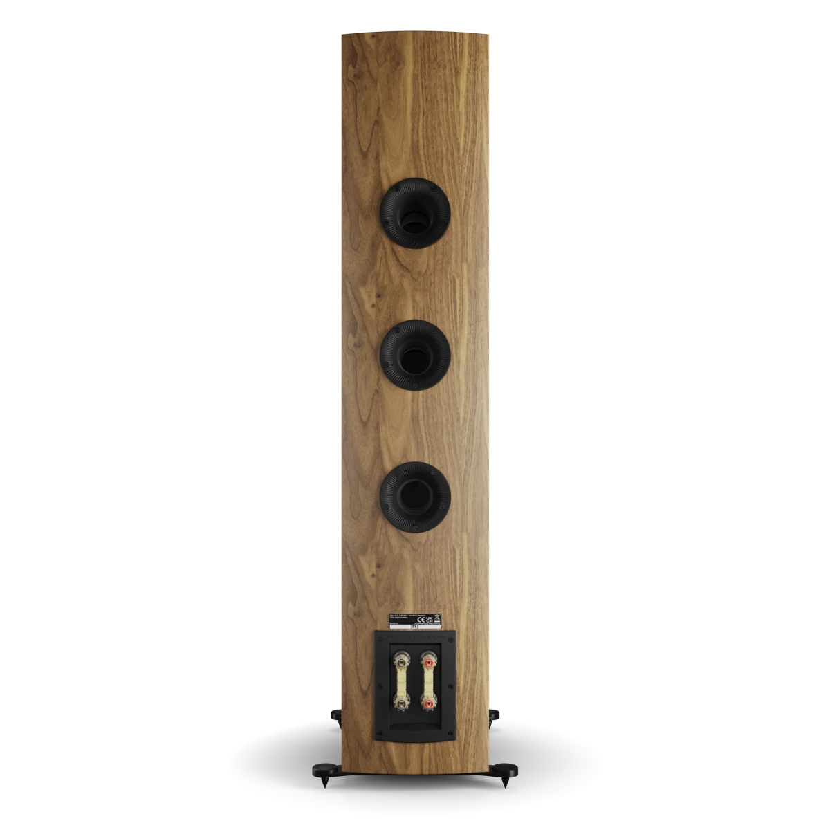 Spatele boxei Dali RUBIKORE 8 în finisaj nuc natural, arătând porturile de bas și conectorii audio.