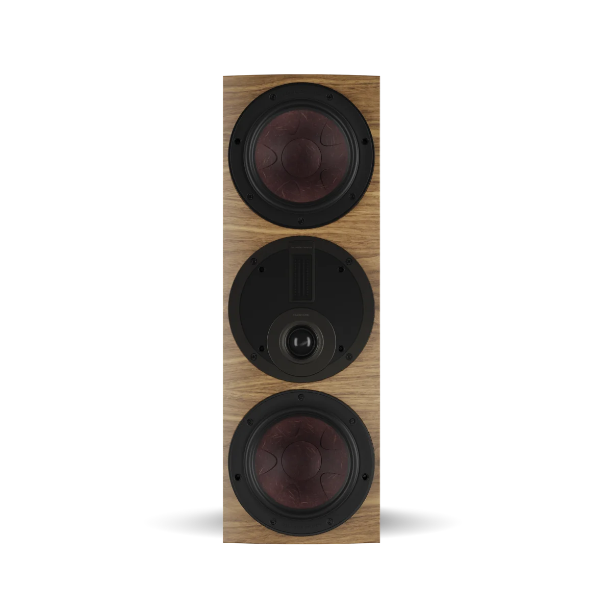 Boxa Dali RUBIKORE Cinema LCR, față, culoare natural walnut, cu trei difuzoare vizibile pentru sunet clar.