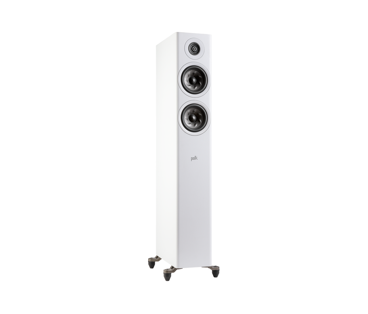 Polk Audio Reserve R500 boxă de podea albă, vedere din dreapta, cu două woofere și un tweeter vizibile.