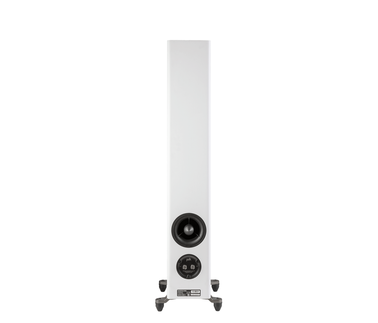 Polk Audio Reserve R500, vedere spate alb, port bass reflex și conectori vizibili, boxe podea.