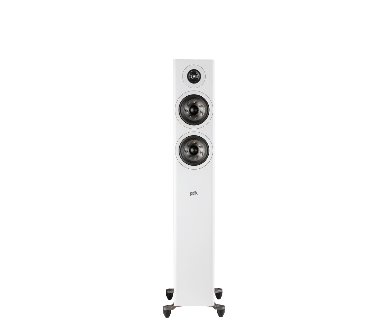 Polk Audio Reserve R500 Boxe de podea, alb, vedere frontală, două difuzoare și un tweeter vizibile.
