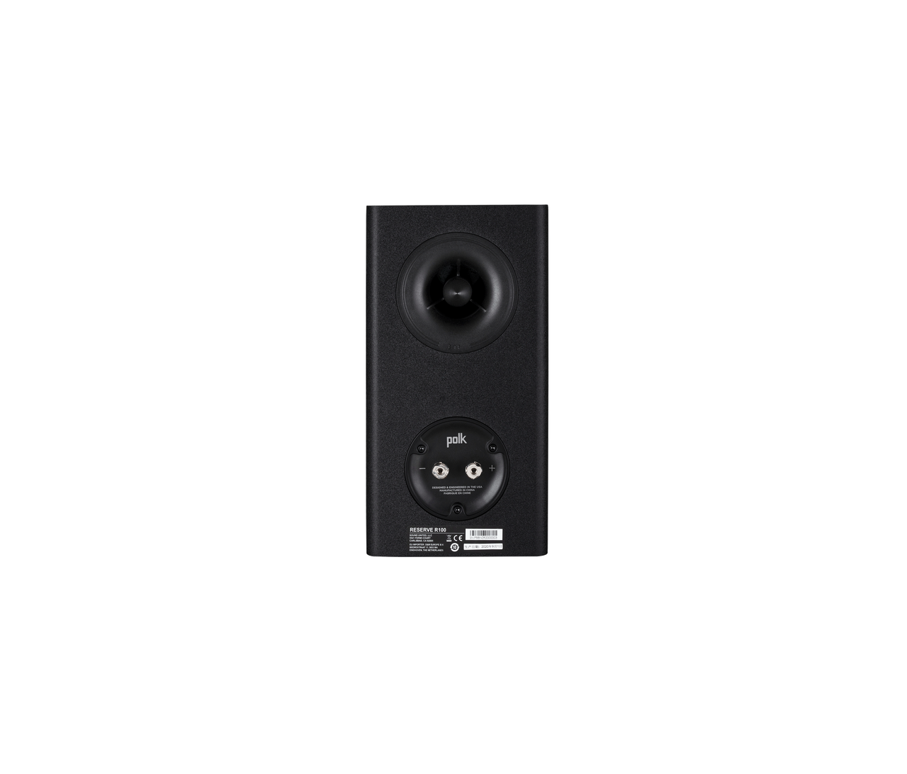 Spatele boxei Polk Audio Reserve R100 negru, arată conectorii bi-wire și portul de bas reflex.