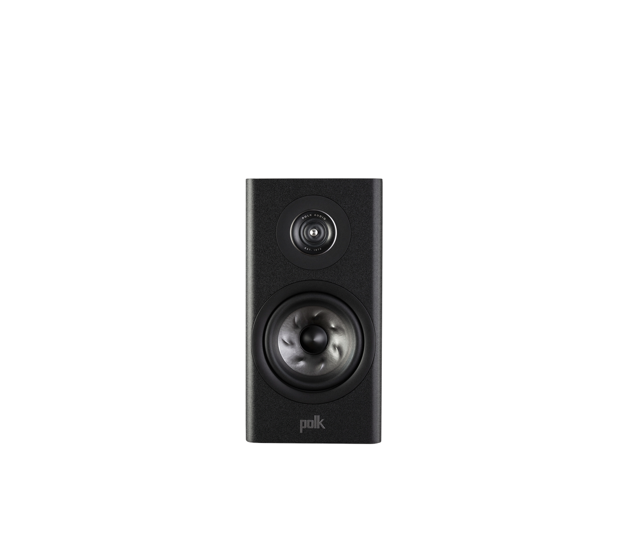 Polk Audio Reserve R100, vedere frontală, culoare neagră, cu tweeter și woofer vizibile. Boxe de raft.
