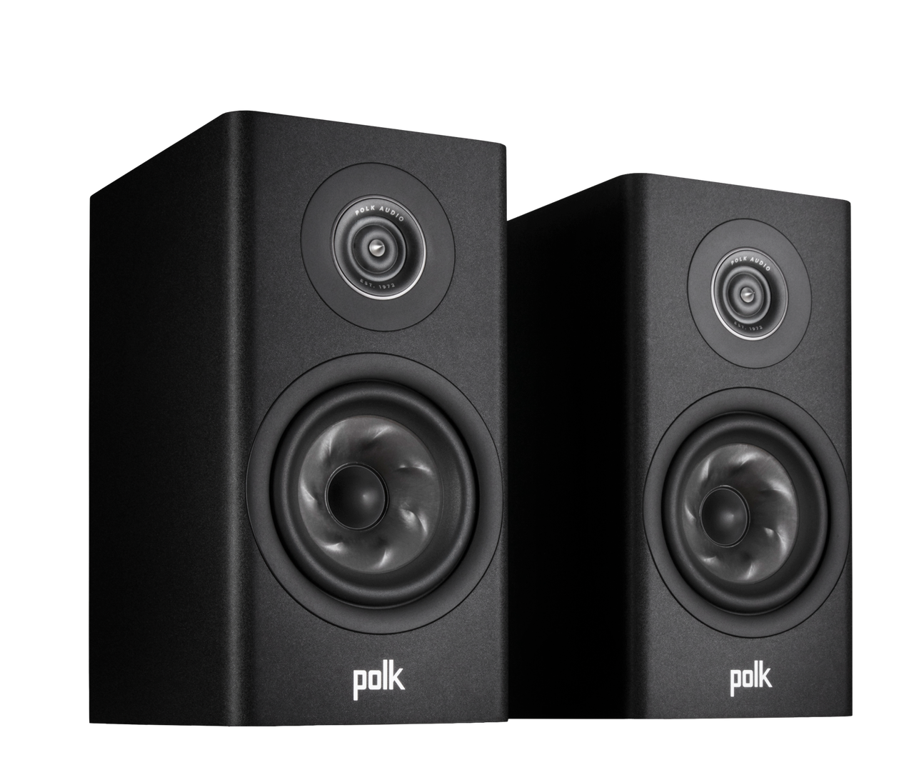 Boxe Polk Audio Reserve R100 negre, vedere din dreapta. Prezintă difuzoare și logo Polk Audio frontal.#color_black