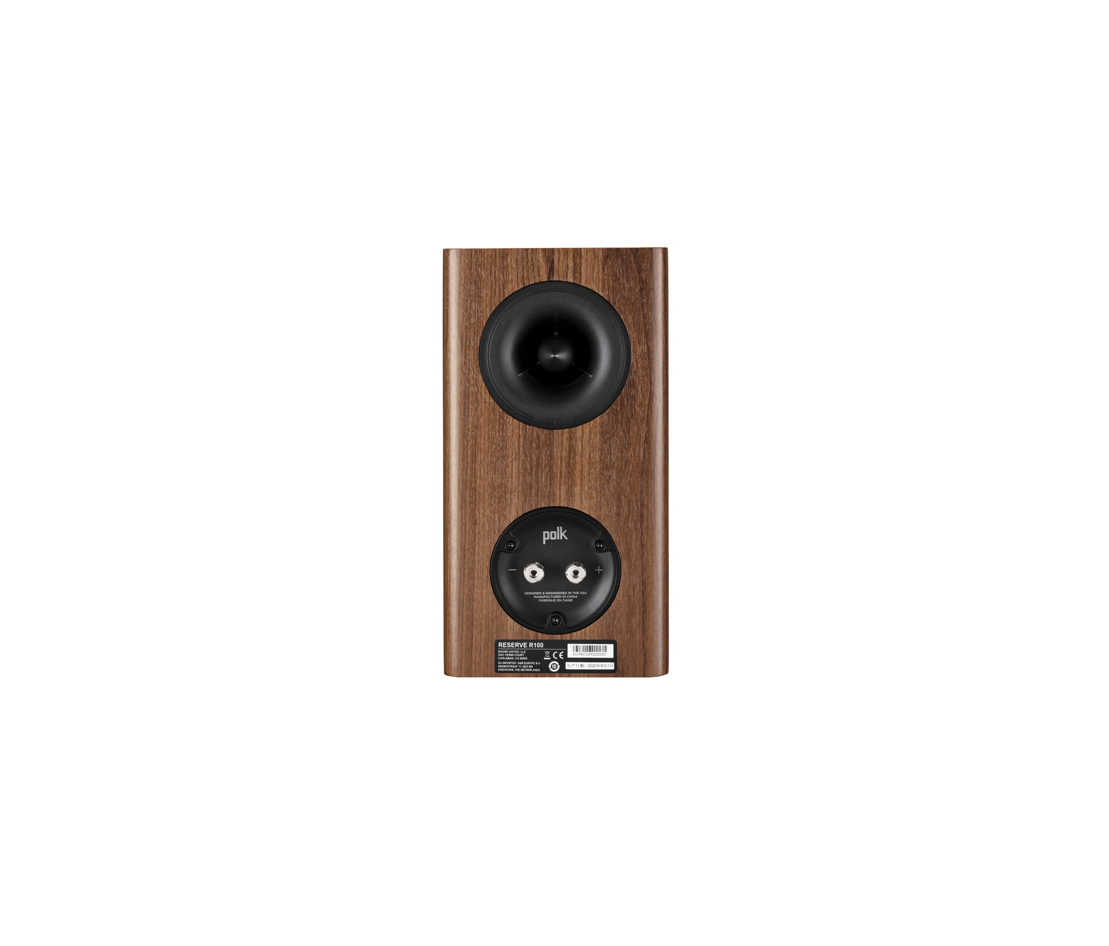 Spatele boxei Polk Audio Reserve R100 maro, arătând portul bass reflex și conectorii pentru cabluri.