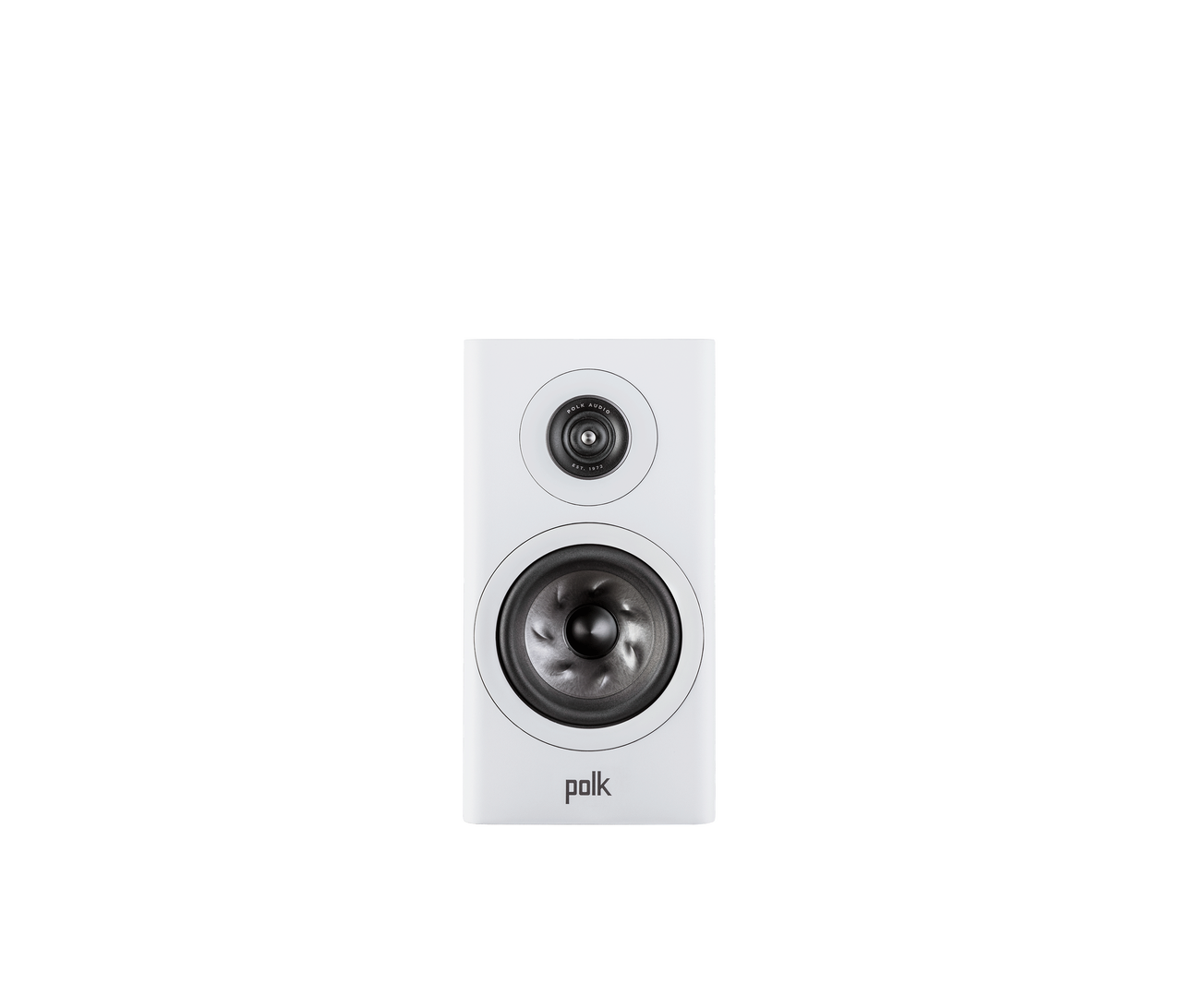 Polk Audio Reserve R100 alb, vedere frontală, tweeter și woofer vizibile, boxă de raft performantă.