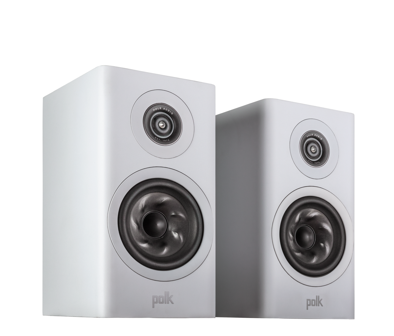 Polk Audio Reserve R100 Boxe de raft, alb, vedere din dreapta, difuzoare vizibile, pereche.