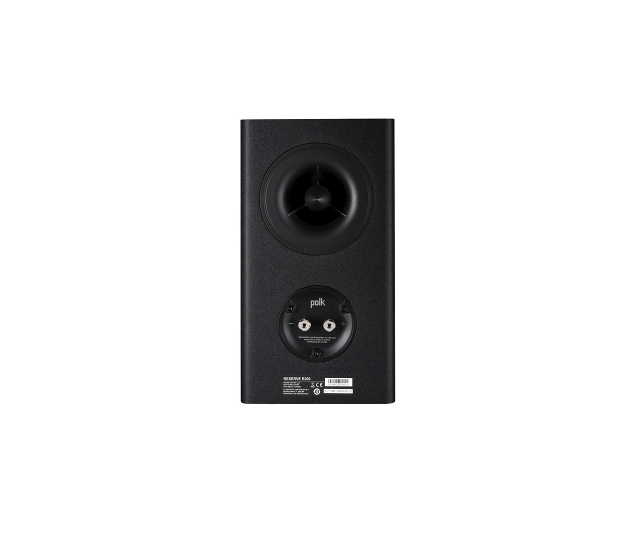 Polk Audio Reserve R200, vedere din spate, culoare neagră, cu port bass reflex și conectori vizibili.