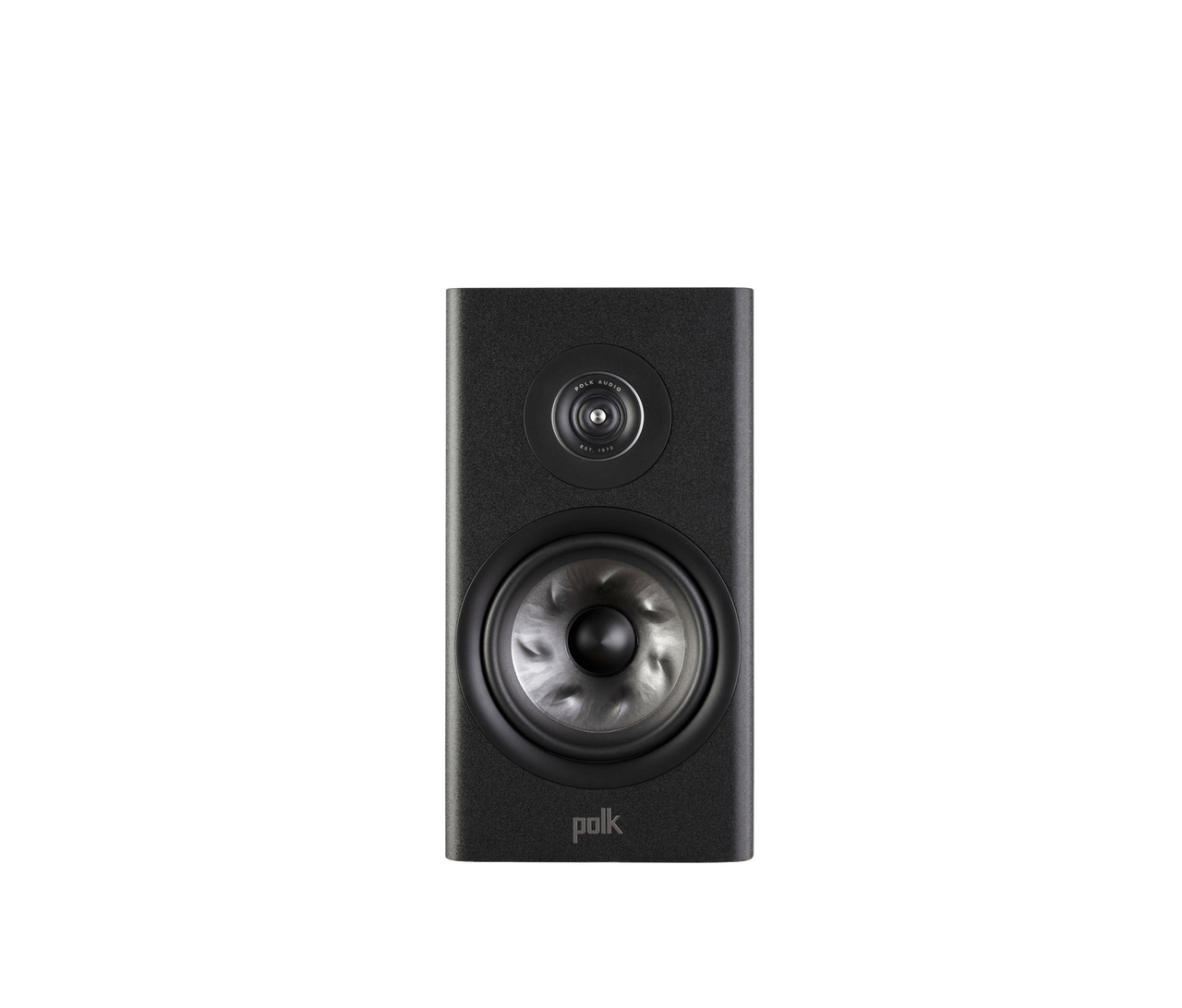 Polk Audio Reserve R200 Boxe de raft, vedere frontală, culoare neagră, difuzor și tweeter vizibile.