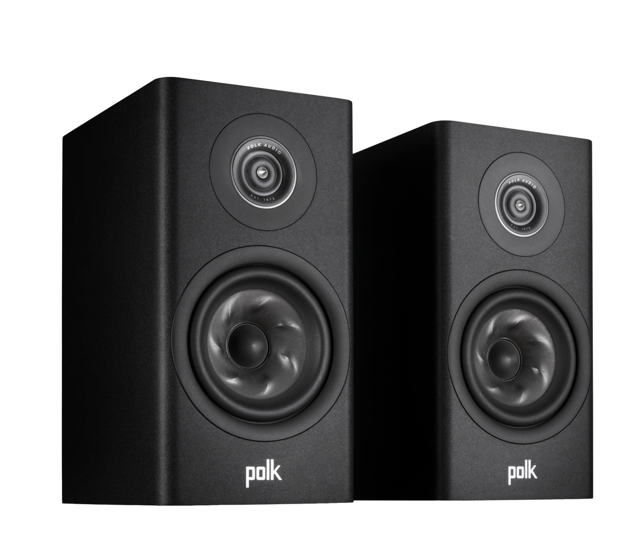 Polk Audio Reserve R200, negru, vedere din dreapta, difuzoare și logo vizibile, boxe de raft performante.#color_black