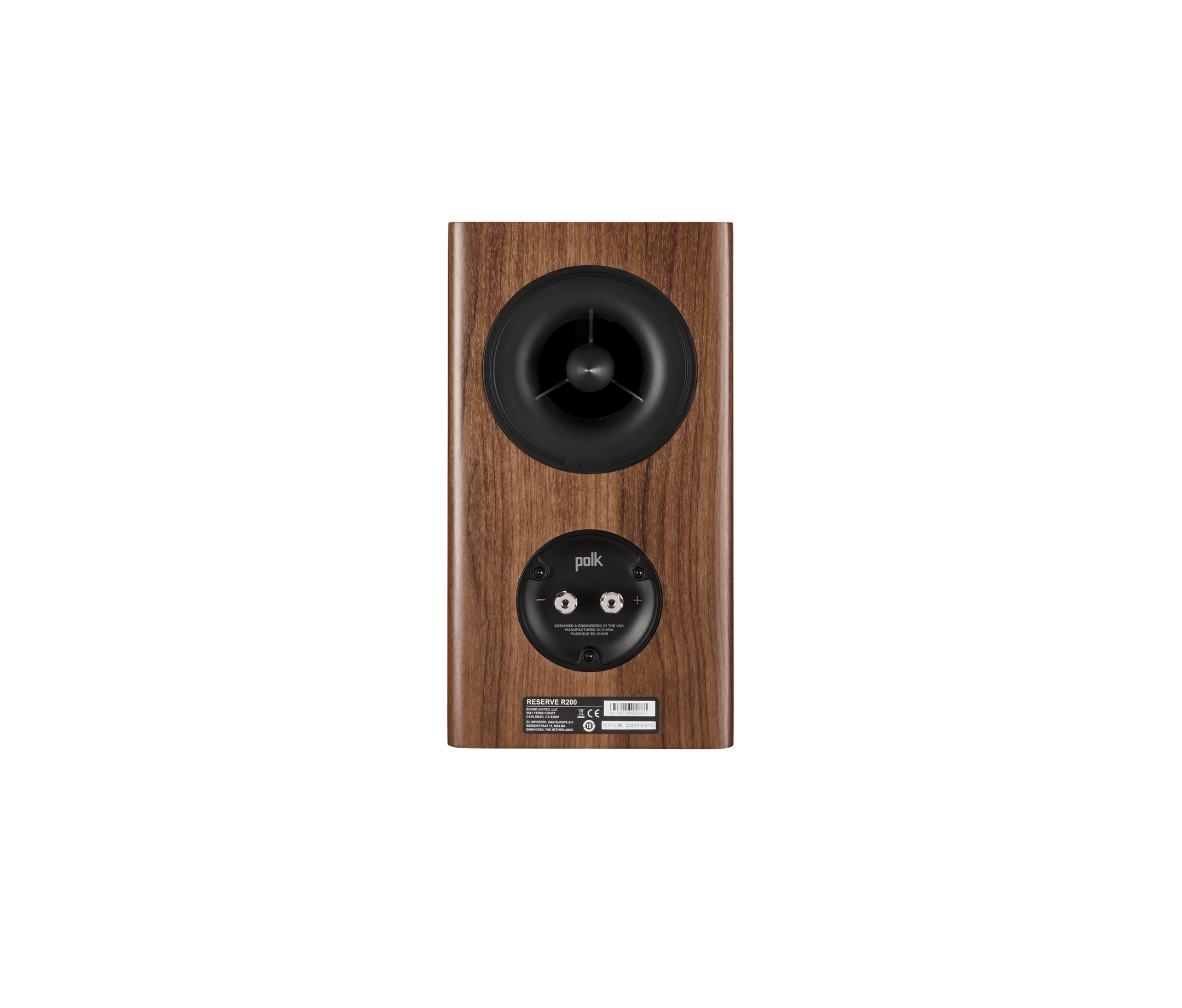 Polk Audio Reserve R200, vedere din spate, culoare maro, conectori de intrare și port bass reflex.