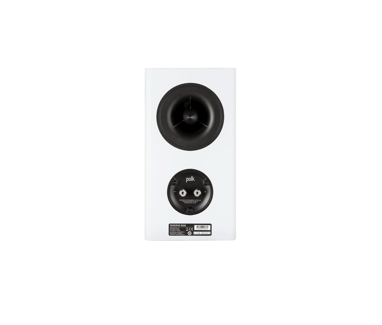 Spatele boxei Polk Audio Reserve R200 alb, arătând portul bass reflex și conectorii pentru cabluri.