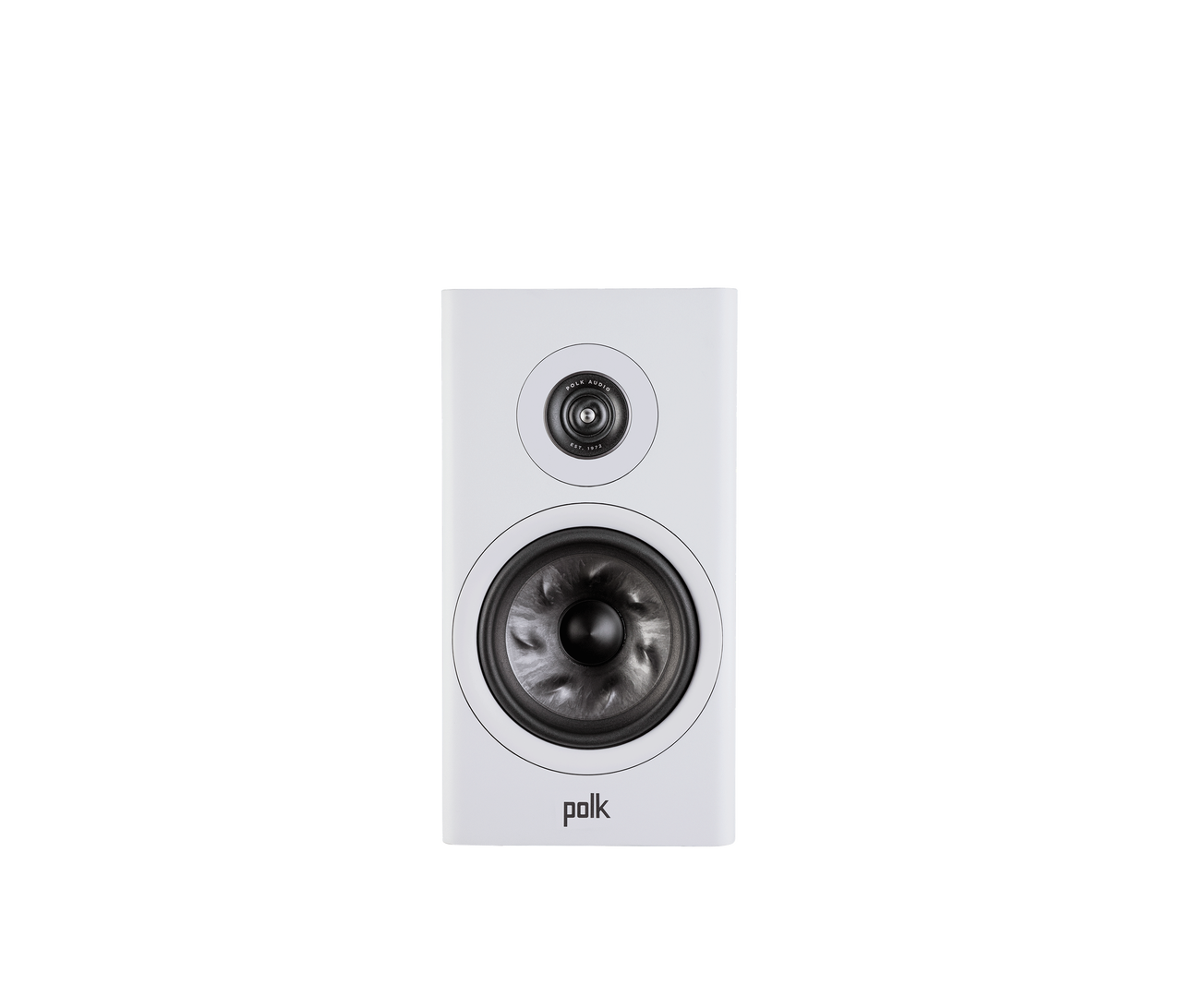 Boxa Polk Audio Reserve R200, albă, vedere frontală. Prezintă difuzorul de bas și tweeterul central.
