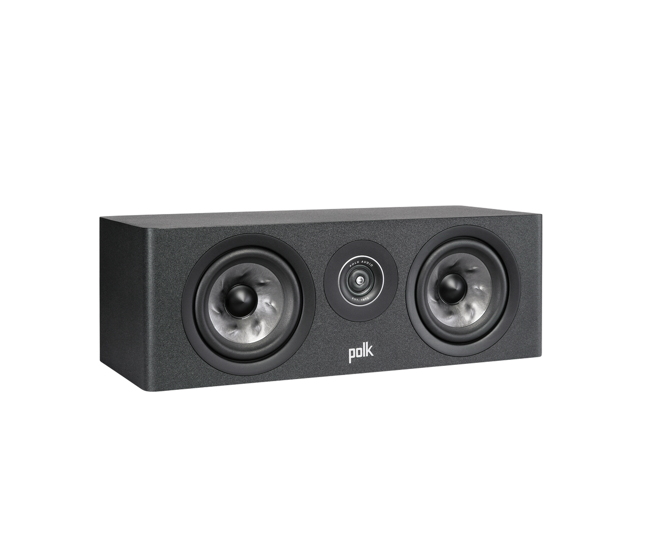 Polk Audio Reserve R300 Boxe centru, negru, vedere din unghi dreapta, difuzoare duale și tweeter central.#color_black