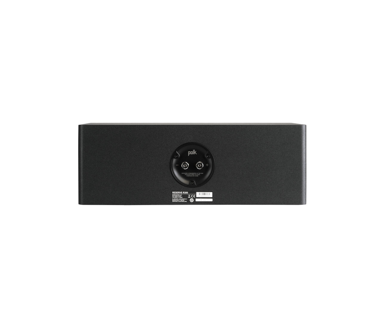 Polk Audio Reserve R300 Boxe centru, vedere din spate, culoare neagră, cu conectori și etichete vizibile.