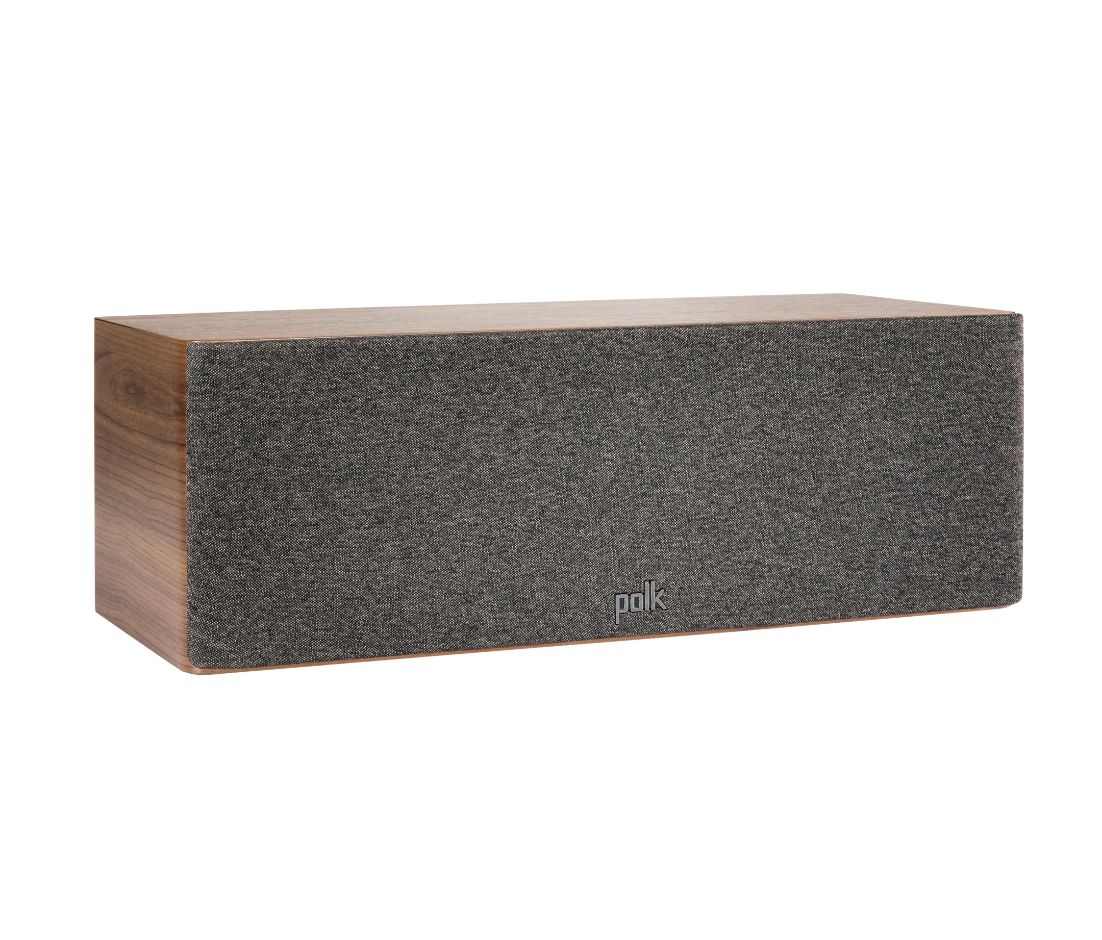 Boxa centru Polk Audio Reserve R300, culoare maro, vedere din unghi dreapta, grilaj frontal vizibil.