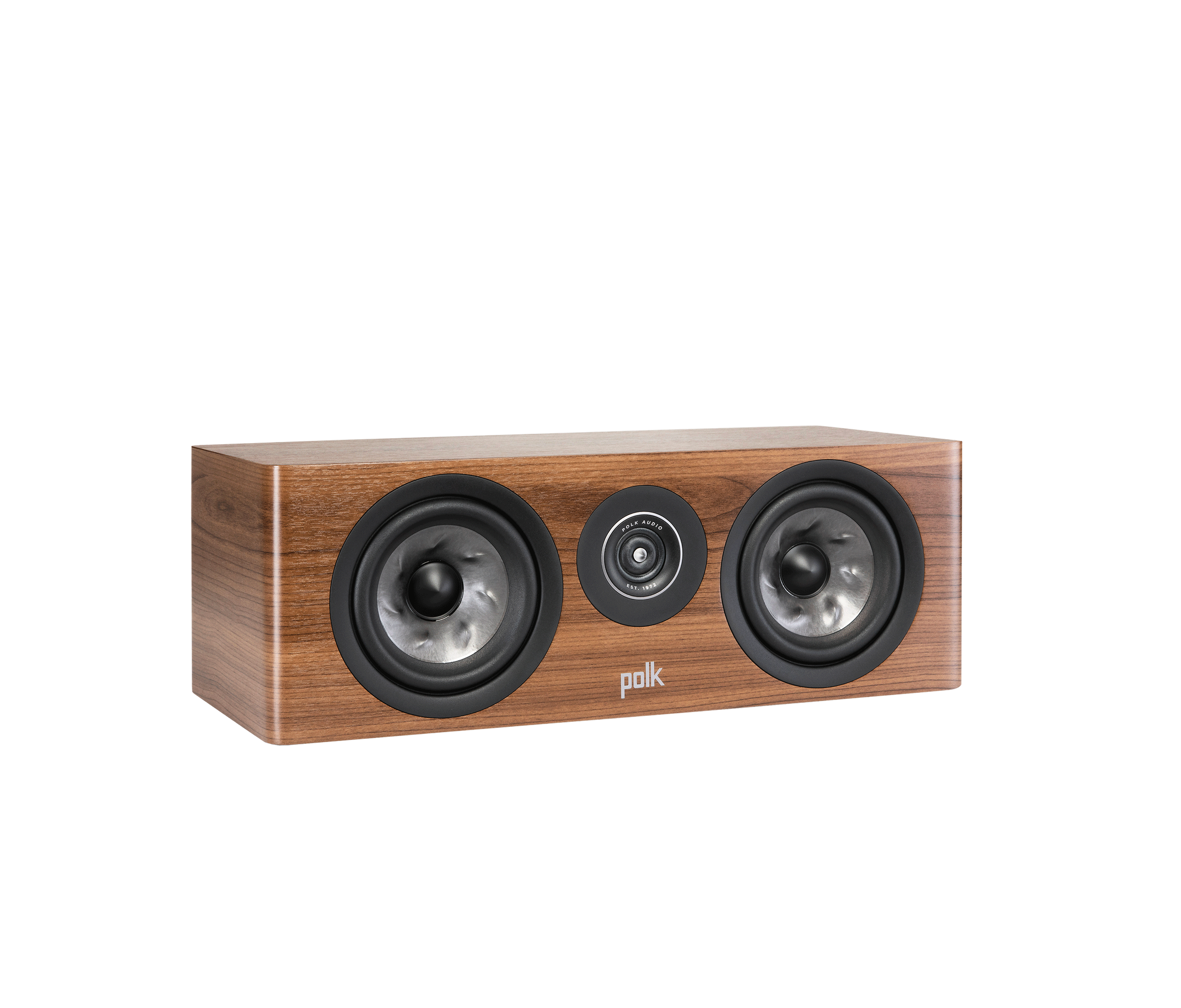 Polk Audio Reserve R300 Boxe centru, maro, vedere din unghi dreapta, două woofere și un tweeter central.