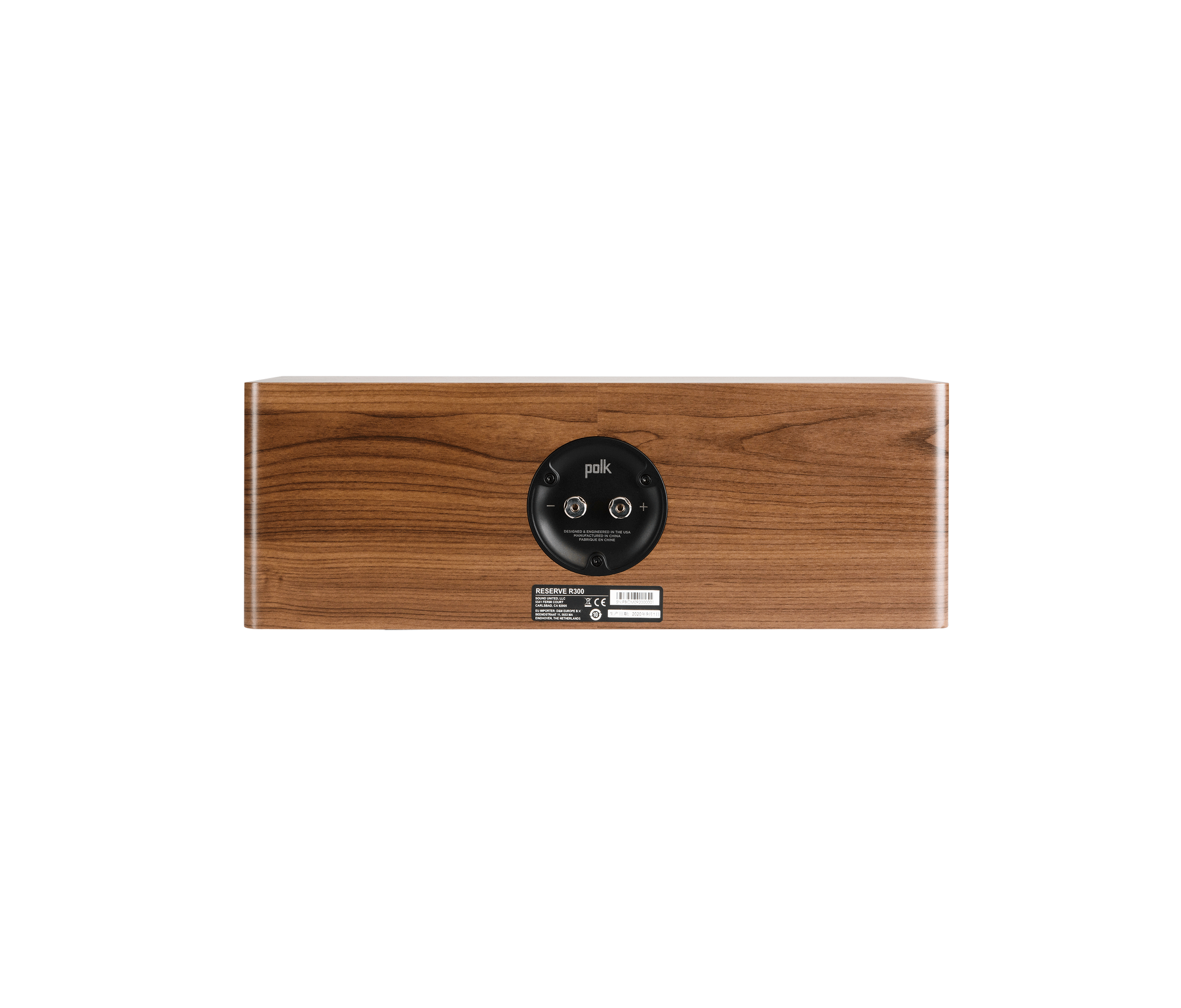 Spatele boxei centru Polk Audio Reserve R300, culoare maro, cu conectori și etichetă specificații vizibile.
