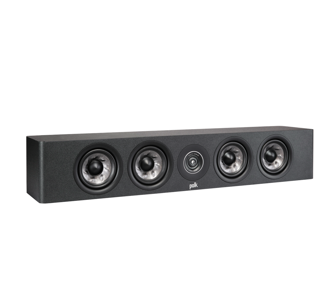 Polk Audio Reserve R350 Boxe centru, negru, vedere din unghi dreapta, patru difuzoare frontale vizibile.#color_black