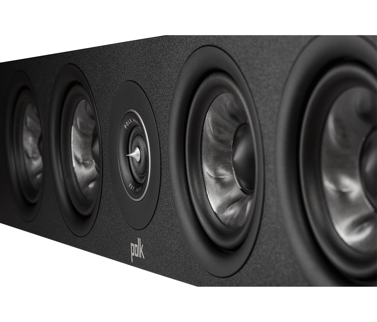 Polk Audio Reserve R350 Boxe centru, close-up negru, detalii difuzoare frontale vizibile.