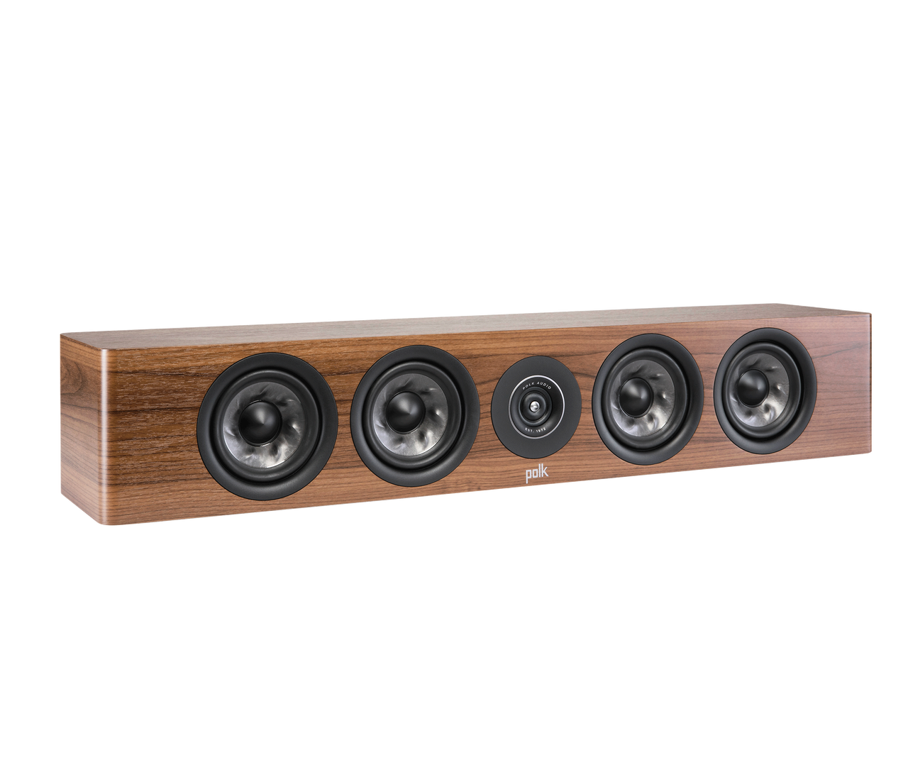 Polk Audio Reserve R350, boxă centru maro, vedere unghi dreapta. Prezintă patru difuzoare frontale.