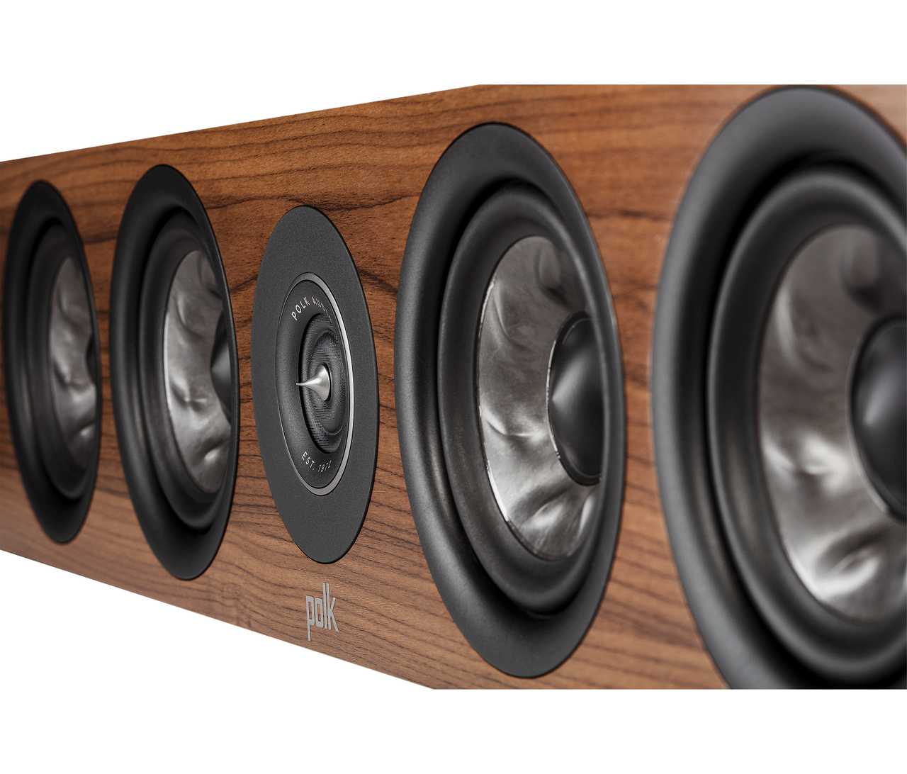 Boxa centru Polk Audio Reserve R350, maro, close-up lateral, arătând difuzoarele și detaliile finisajului.