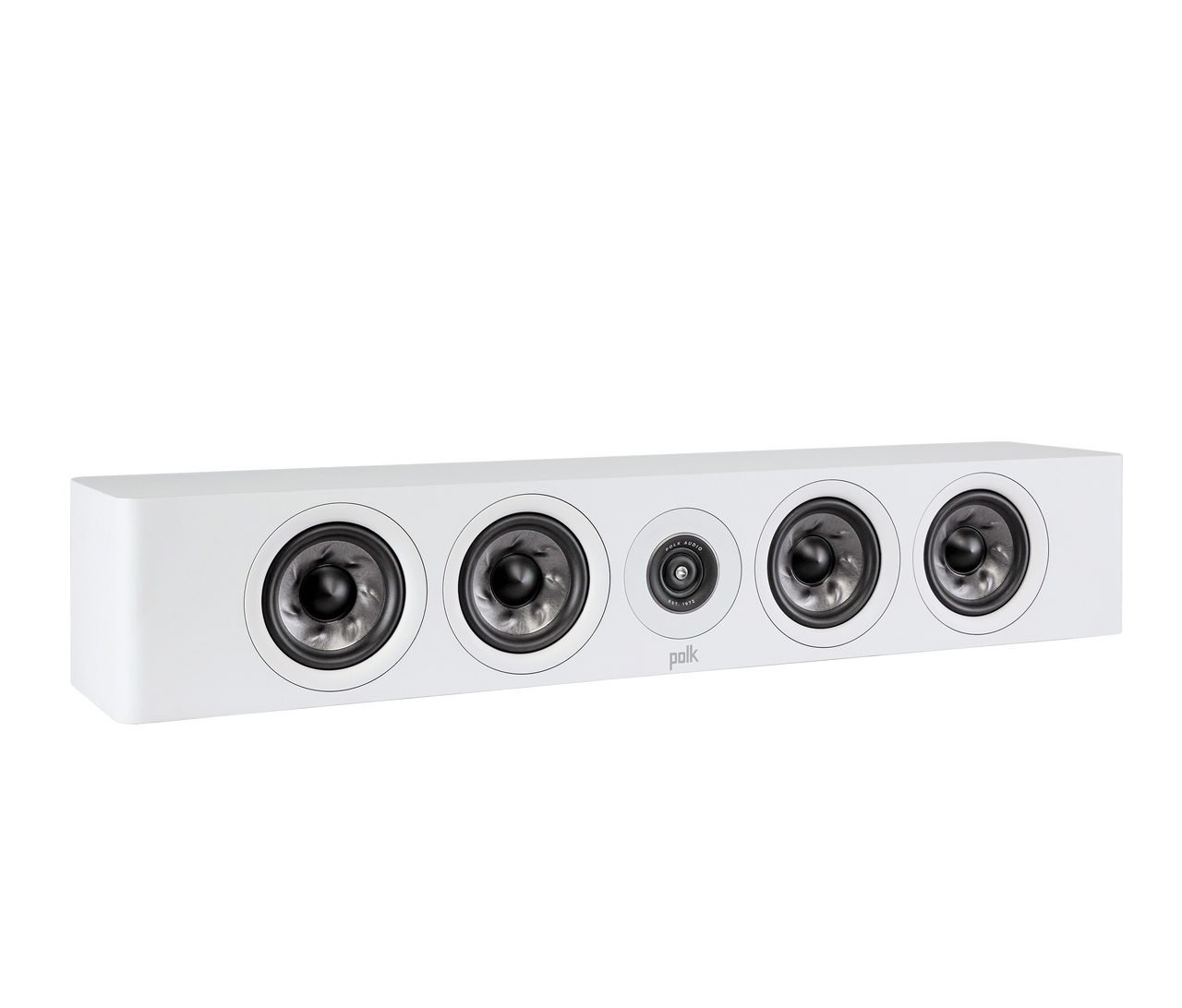 Polk Audio Reserve R350 Boxe centru, alb, vedere din dreapta. Prezintă 5 difuzoare frontale distincte.