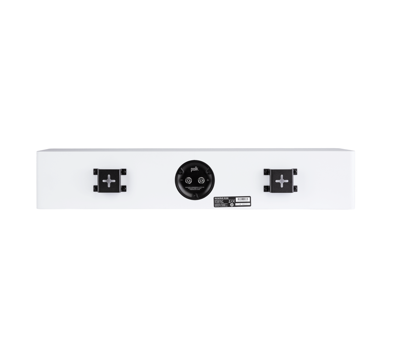 Spatele boxei centru Polk Audio Reserve R350 alb, cu suporturi de montare și conectori vizibili.